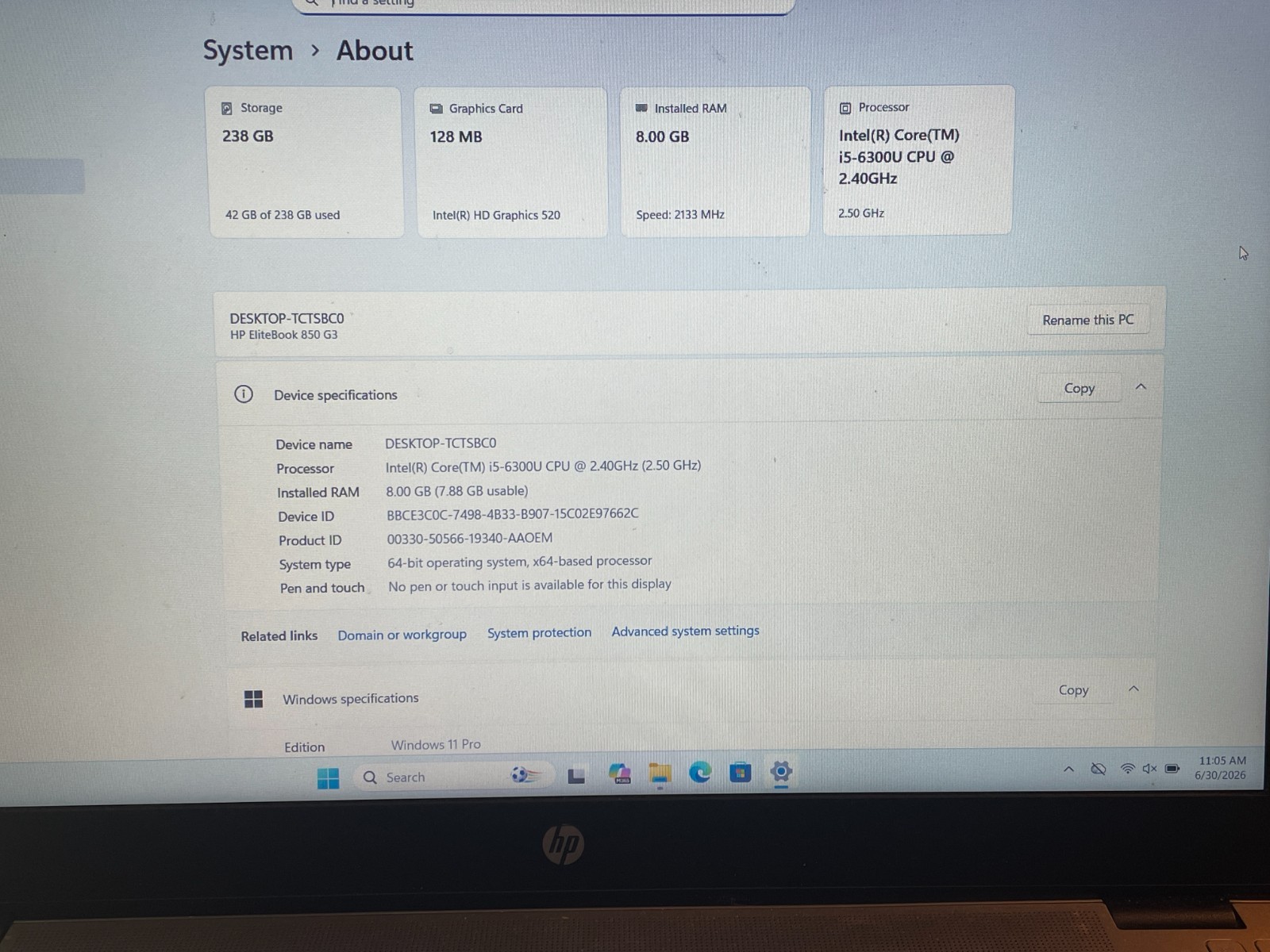 HP EliteBook 850 G3 – i5-6300u, 256G SSD, 8GB Ram, Windows 11