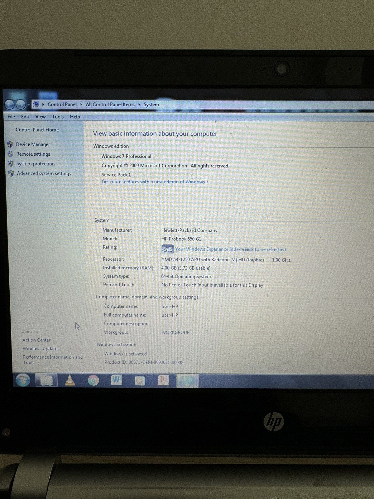 HP ProBook 650 G1, 4GB,Ram 250GB HDD AMD A4-1250 APU