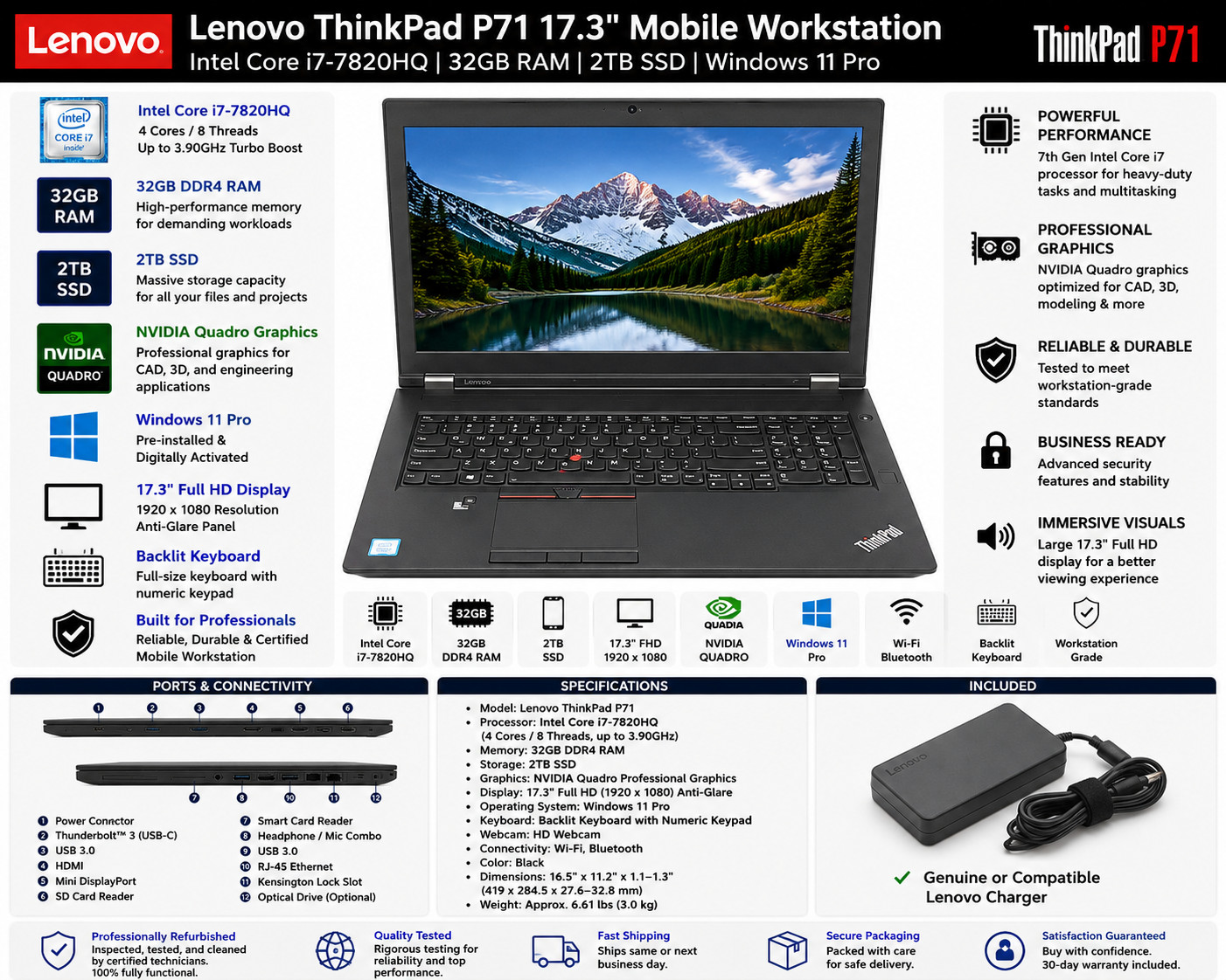Lenovo ThinkPad P71 17.3 i7-7820HQ 32GB RAM 2TB SSD Win11 Pro Mobile Workstation