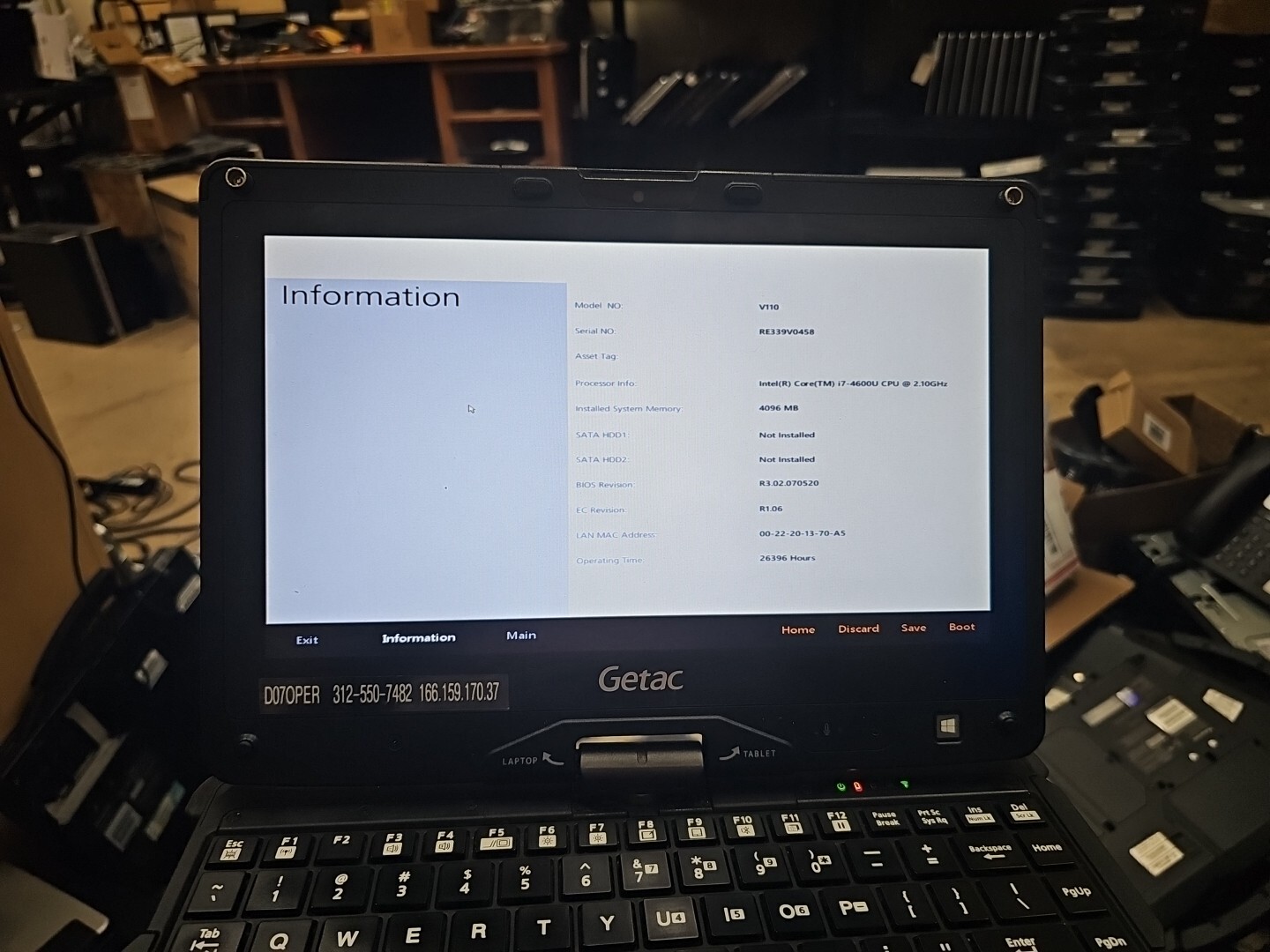 GETAC V110 Laptop Tablet Touch Screen i5-4300U 1.90GHz 4gB No HDD 26396 hrs