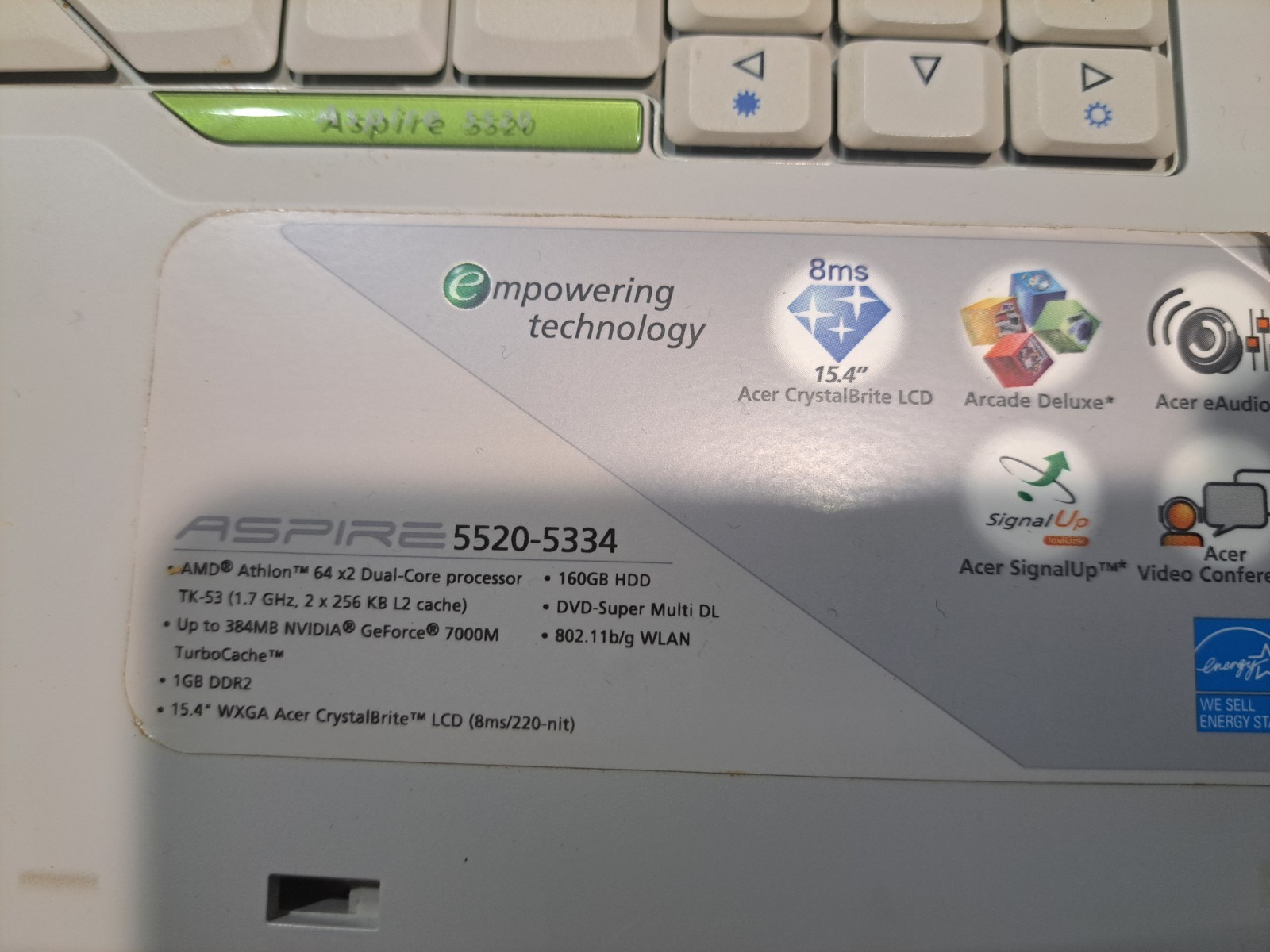 Acer Aspire 5520-5334 AMD Turion 64 X2 TL-58 1.7GHz NO Ram or HDD