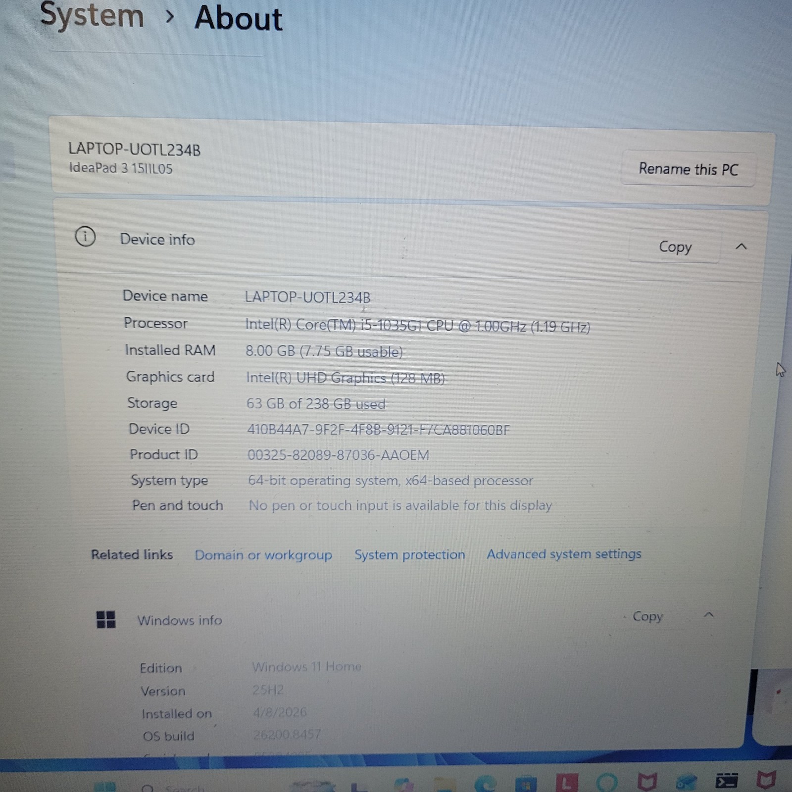 Lenovo ideapad 3-15ITL05 15″ I3-1115G4 256GB SSD 8GB W11 Webcam