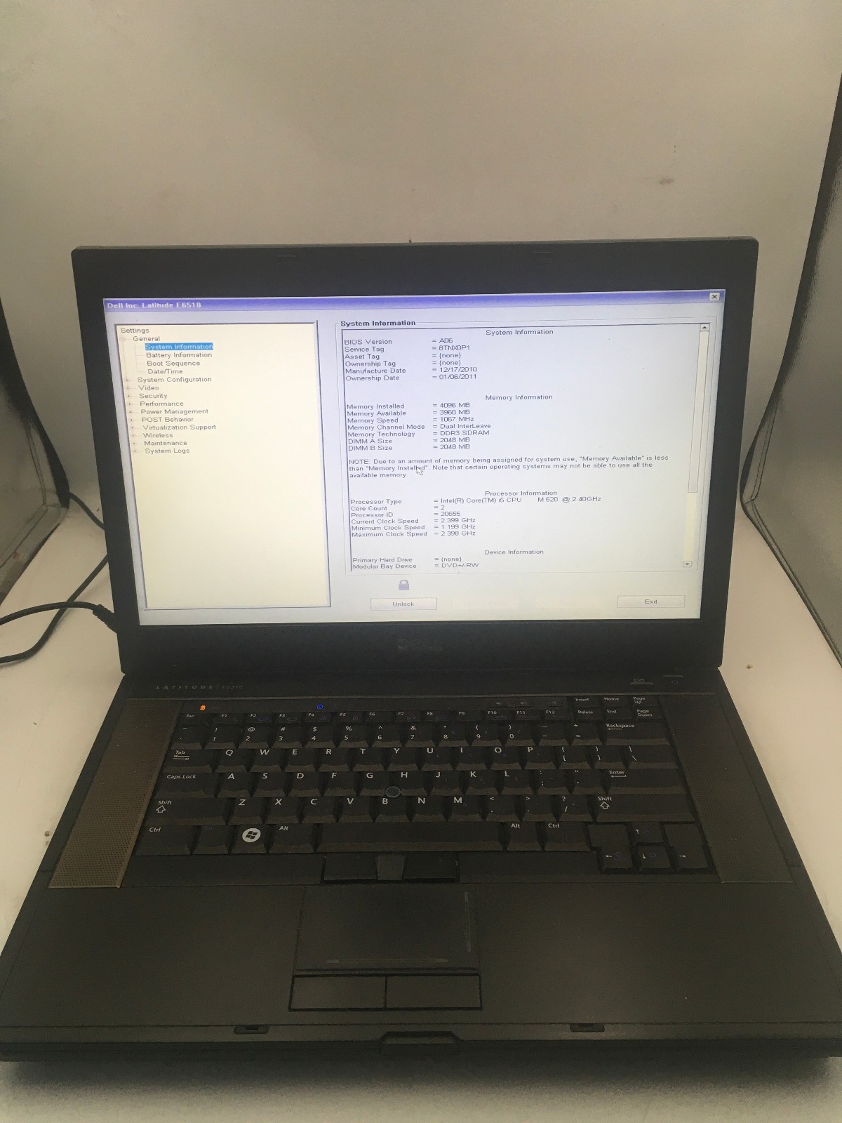 DELL LATITUDE E6510 – BOOTS TO BIOS/LOCKED – INTEL I5 M520 – 4GB RAM – READ – BB