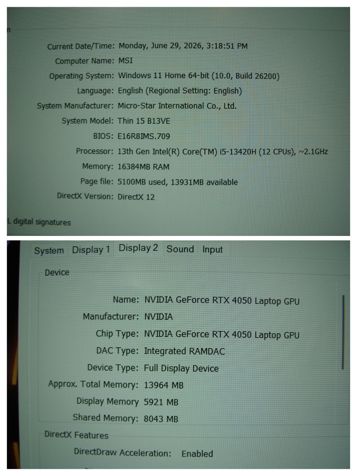 MSI Thin 15 B13VE 15.6” FHD 144hz i5-13420H 2.1GHz 16GB 512GB SSD RTX 4050 6GB
