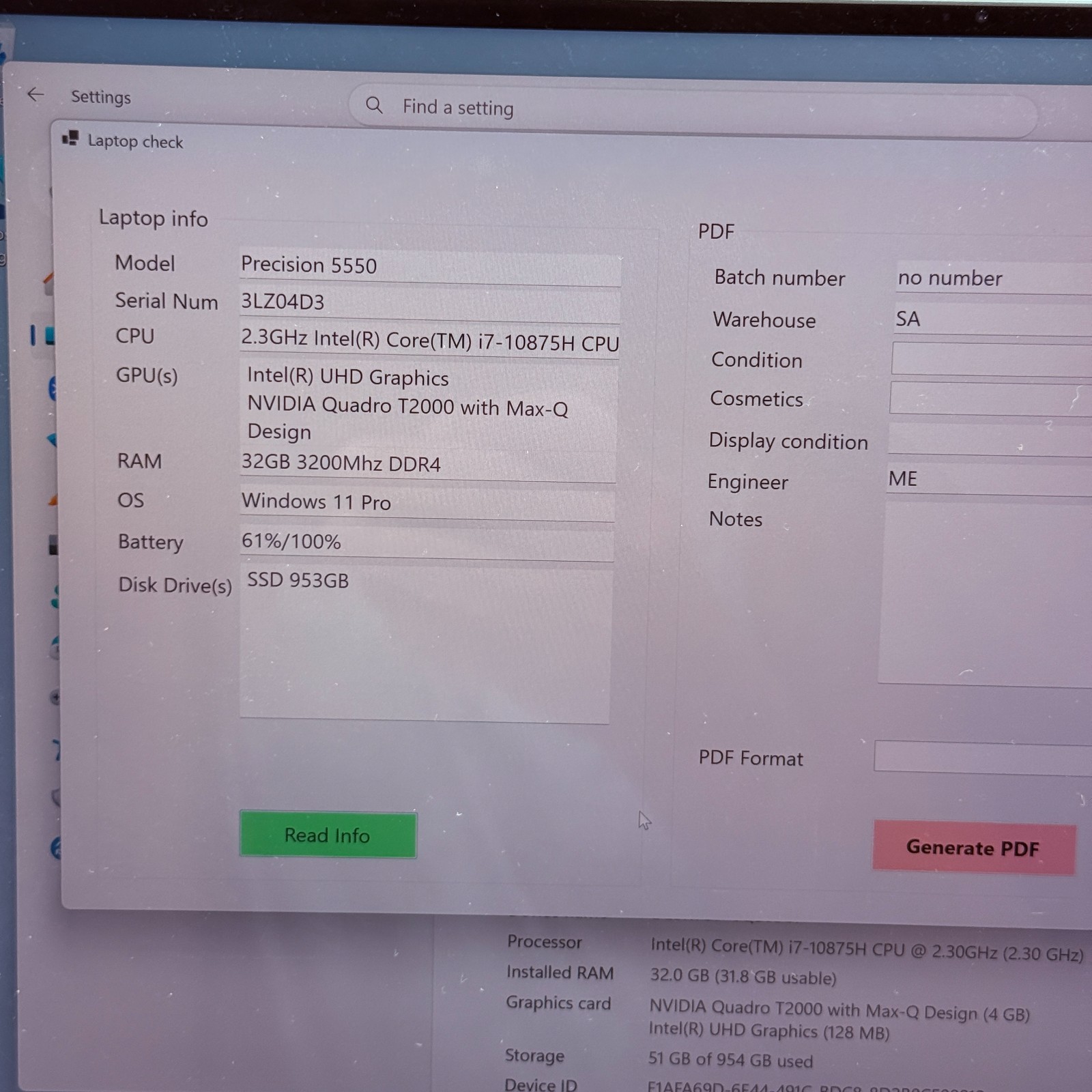 Dell Precision 5550 15 TOUCH i7-10875H 2.30 GHz 32GB 1TB Quadro T2000 Max-Q Good