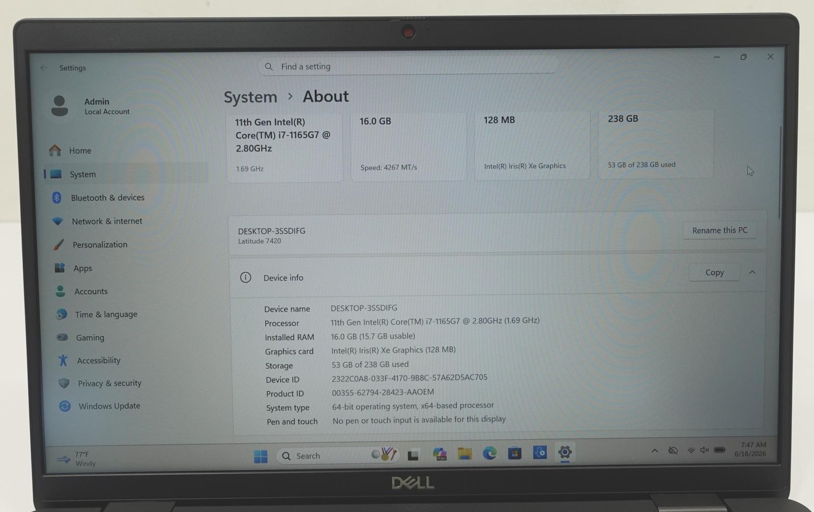 Dell Latitude 7420 14″ Core I7-1165G7 2.80GHz 16GB 256GB SSD Laptop