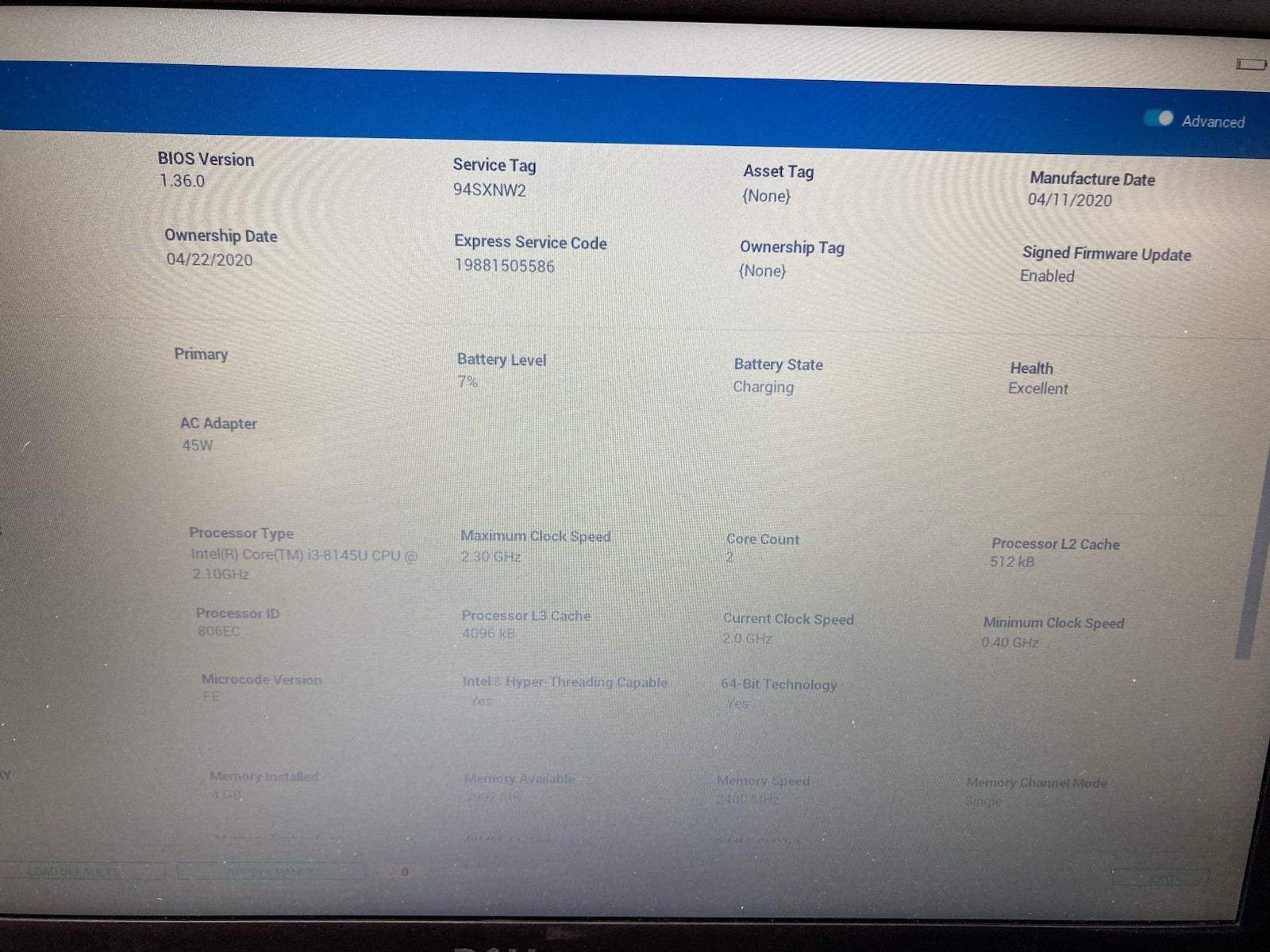 Dell Latitude 3500 Intel Core i3-8145U @ 2.1GHz 4GB RAM No HDD – Boot to BIOS