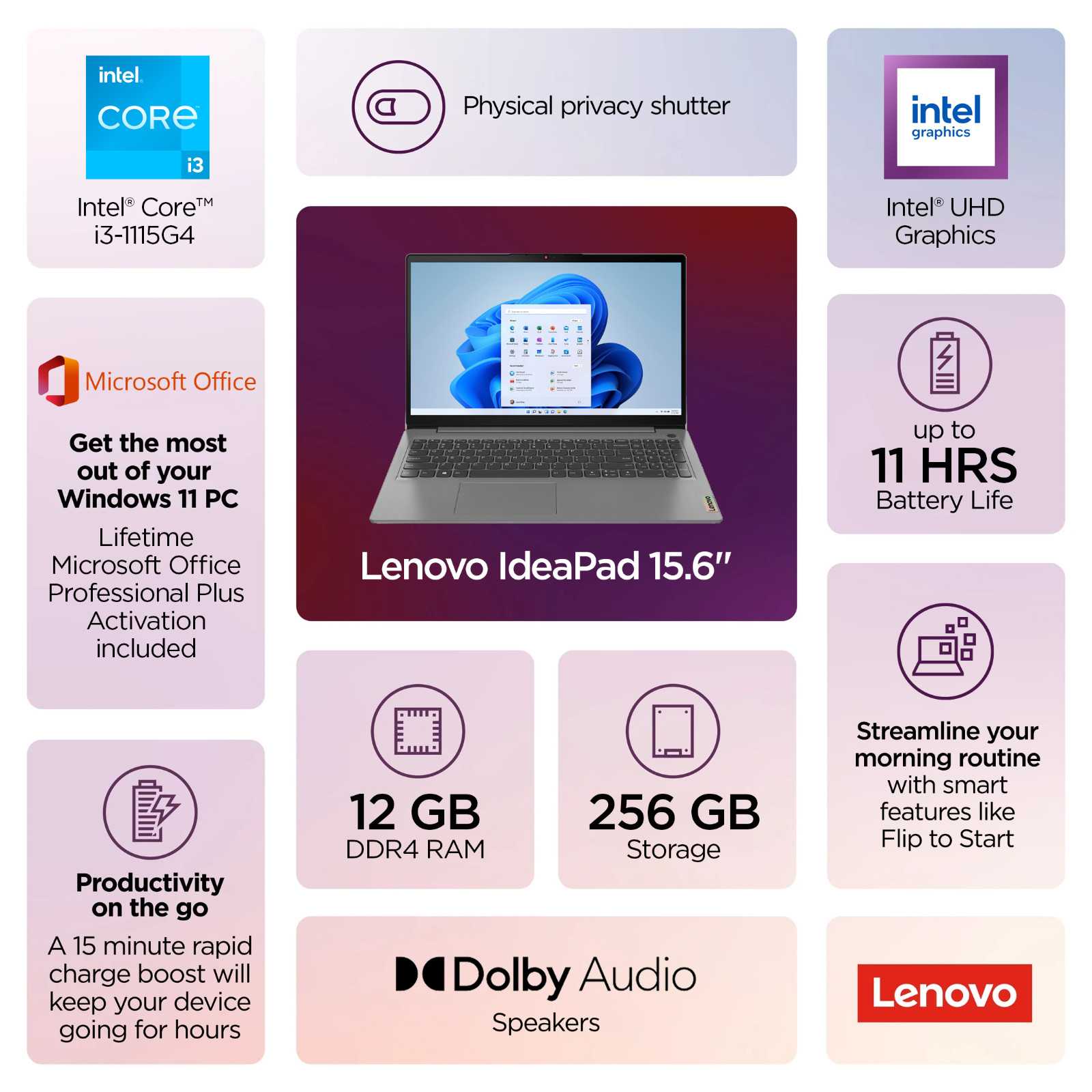 Lenovo IdeaPad 15.6″ Touch Laptop Intel i3, 12GB RAM 256GB SSD + Lifetime Office