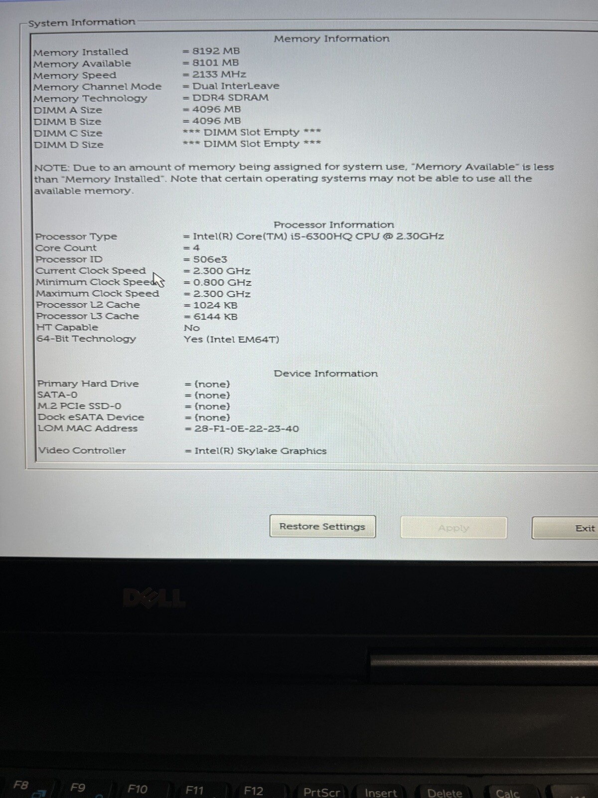 Dell Precision 7510 i5-6300HQ @2.30GHz 8GB Memory-No Hdd