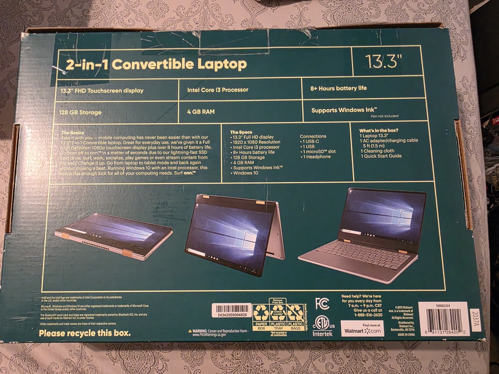 Onn 13.3″ 2-1 laptop – Tablet, i3, 4GB Ram, Touch Screen 128 SSD,1920 x 1080p