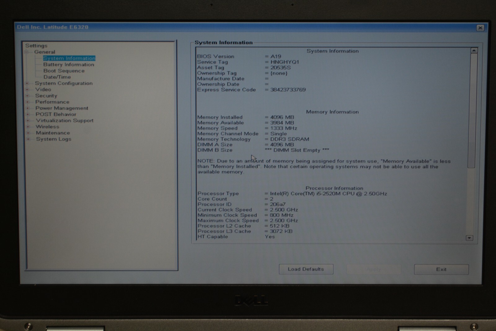 Dell Latitude E6320 i5-2520M 2.50GHz 4GB RAM No HDD #L217
