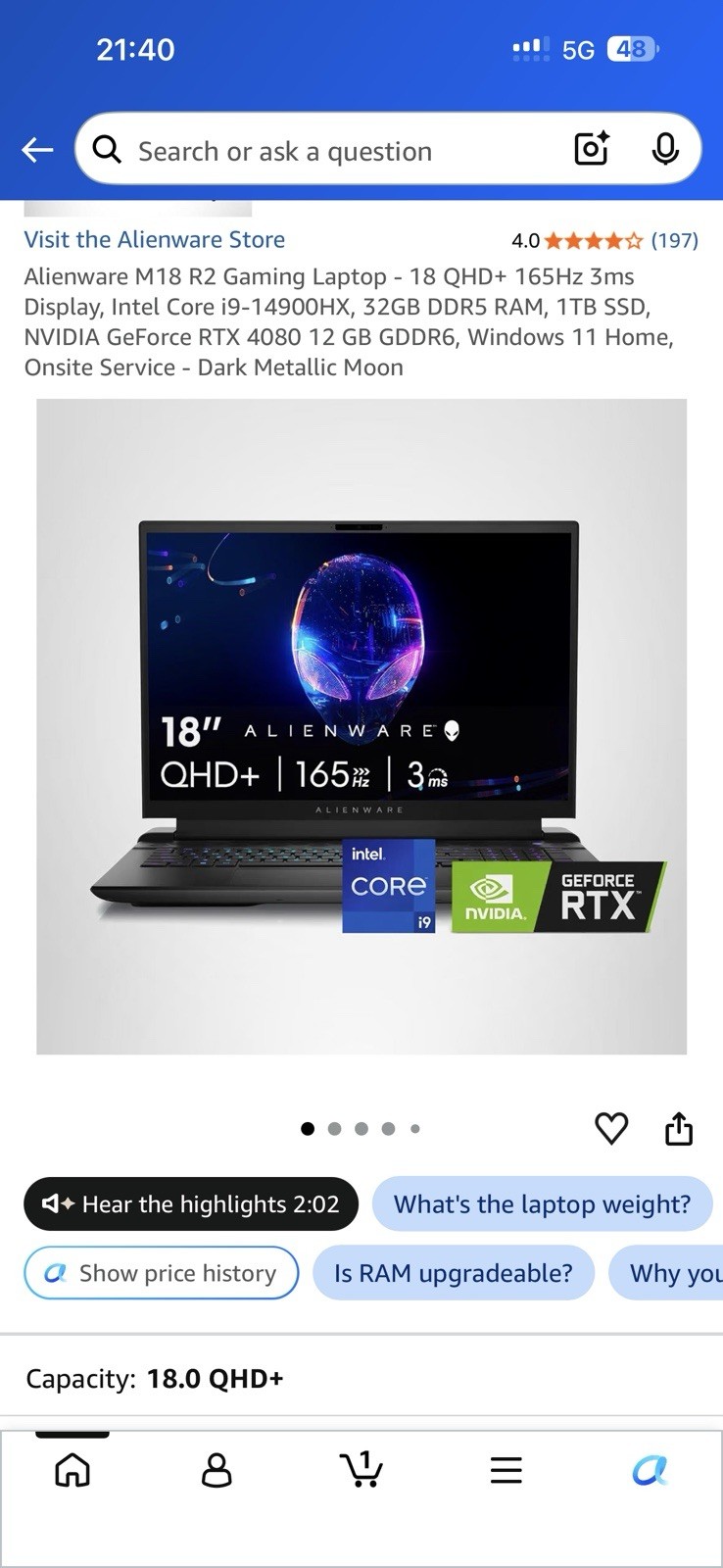 Alienware m18 R2 18in i9-14900HX 32GB 1TB SSD RTX 4080 Win11 Black