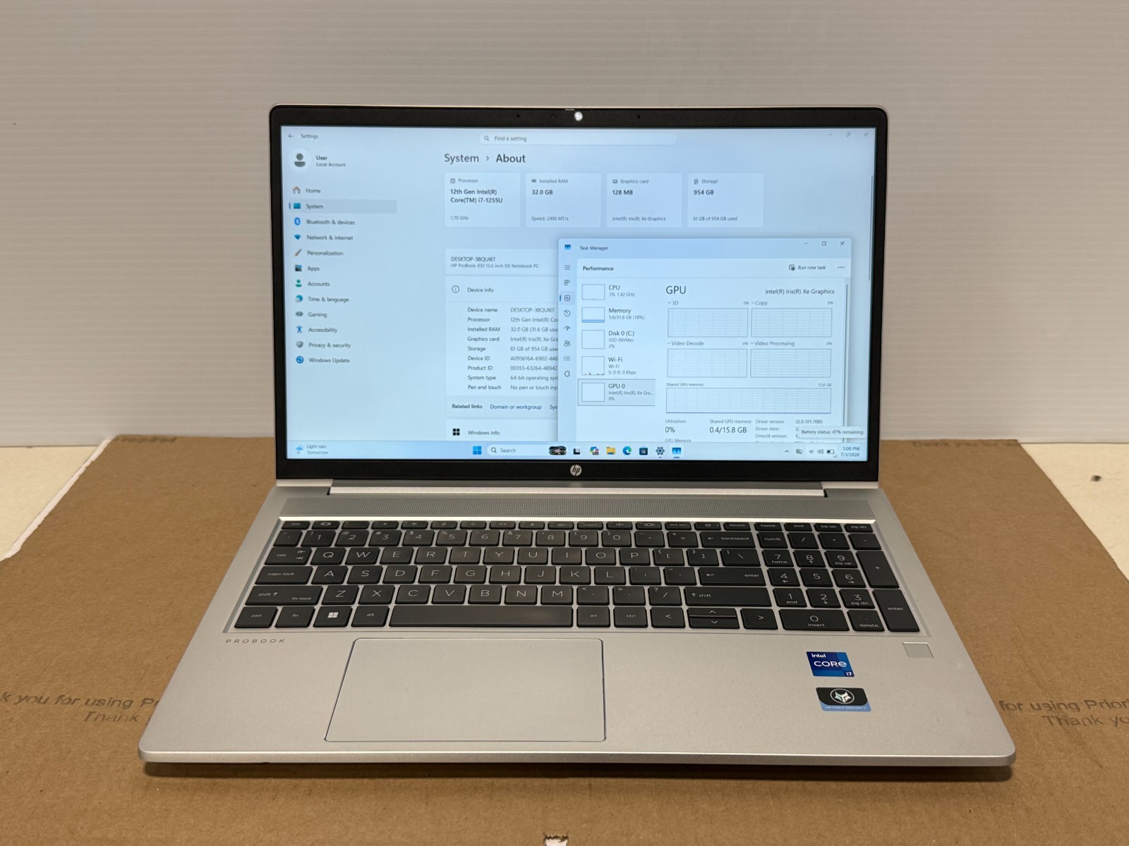HP ProBook 450 G9 15.6″ Core i7-1255U @ 1.7GHz 32GB RAM 1TB SSD WIN 11