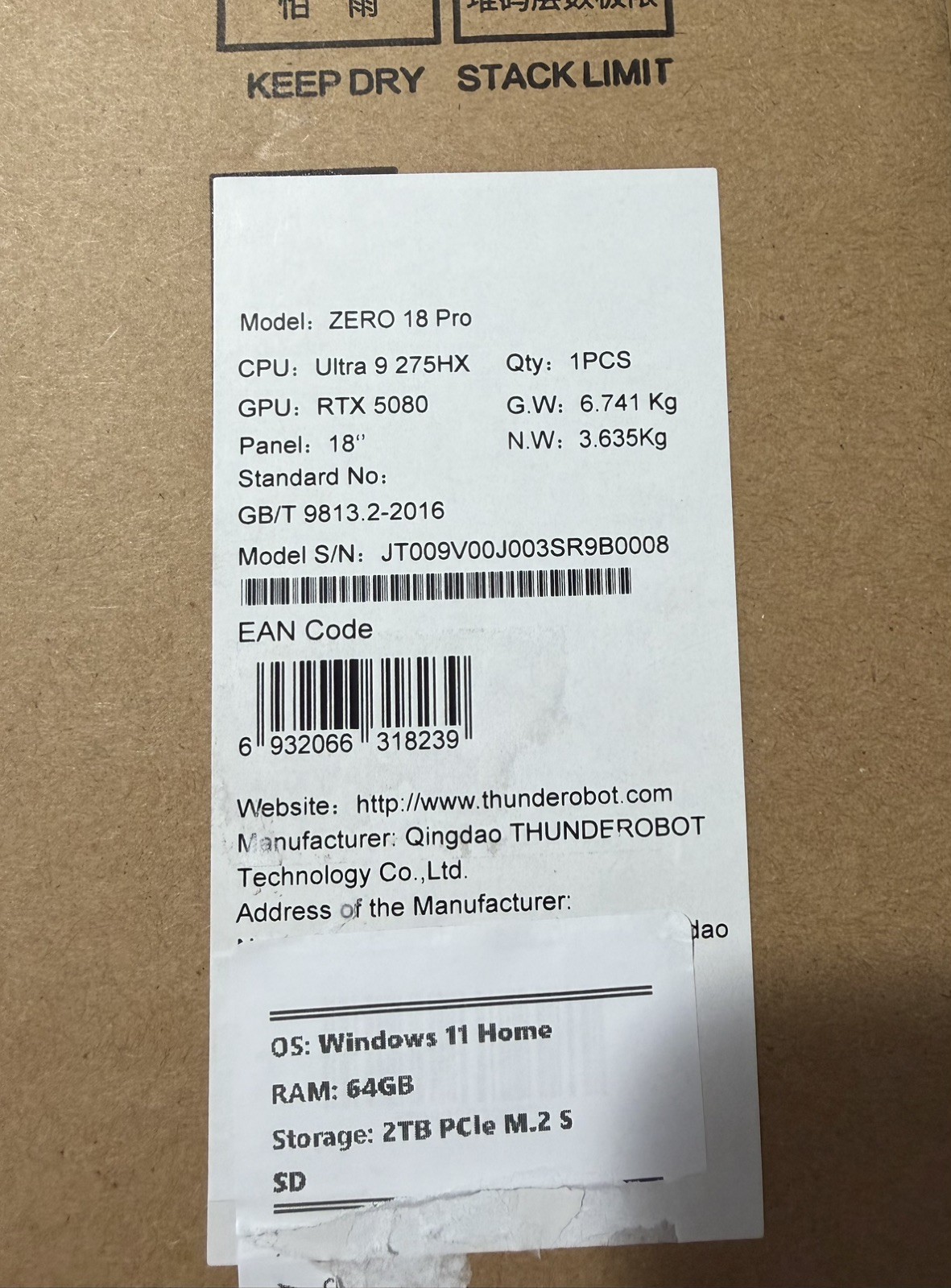 “New” Thunderobot Zero 18 Pro-Rtx5080-Ultra9 275HX-64Gb ram-2TBssd-18” 240hz