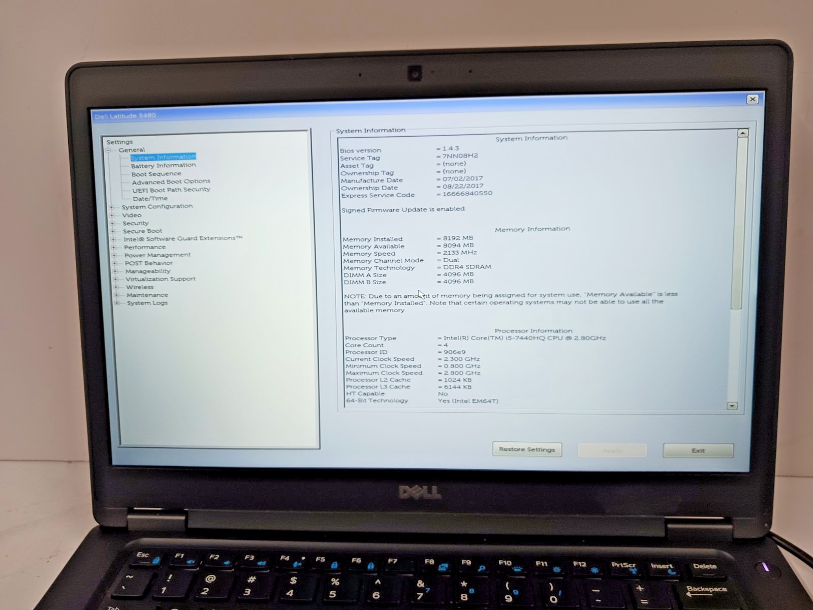 14″ DELL LATITUDE 5480 Intel i5-7440HQ @ 2.80GHz 8GB DDR4 RAM 128GB SSD, NO OS