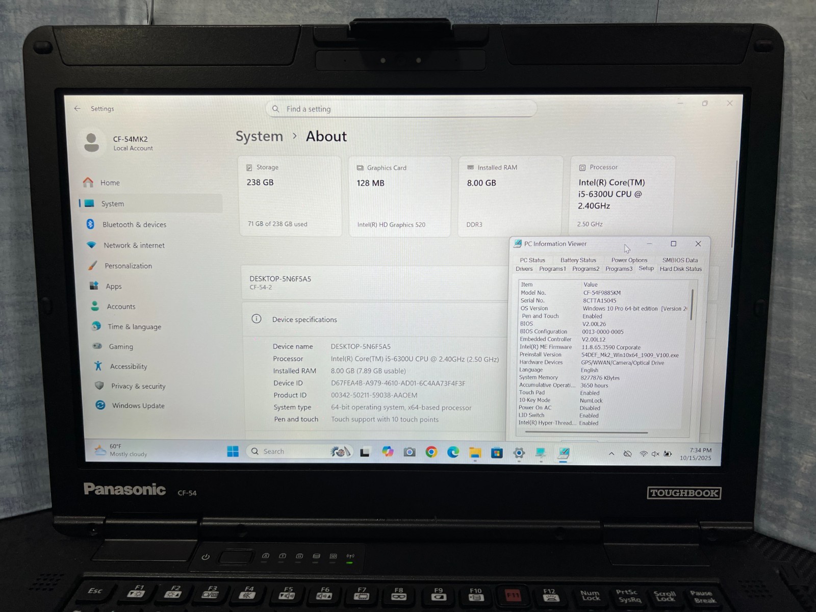 CF-54F9885KM, i5-6300U 2.40Ghz,8GB Mem,256GB SSD,Touchscreen,4G LTE,GPS, 3,650Hr