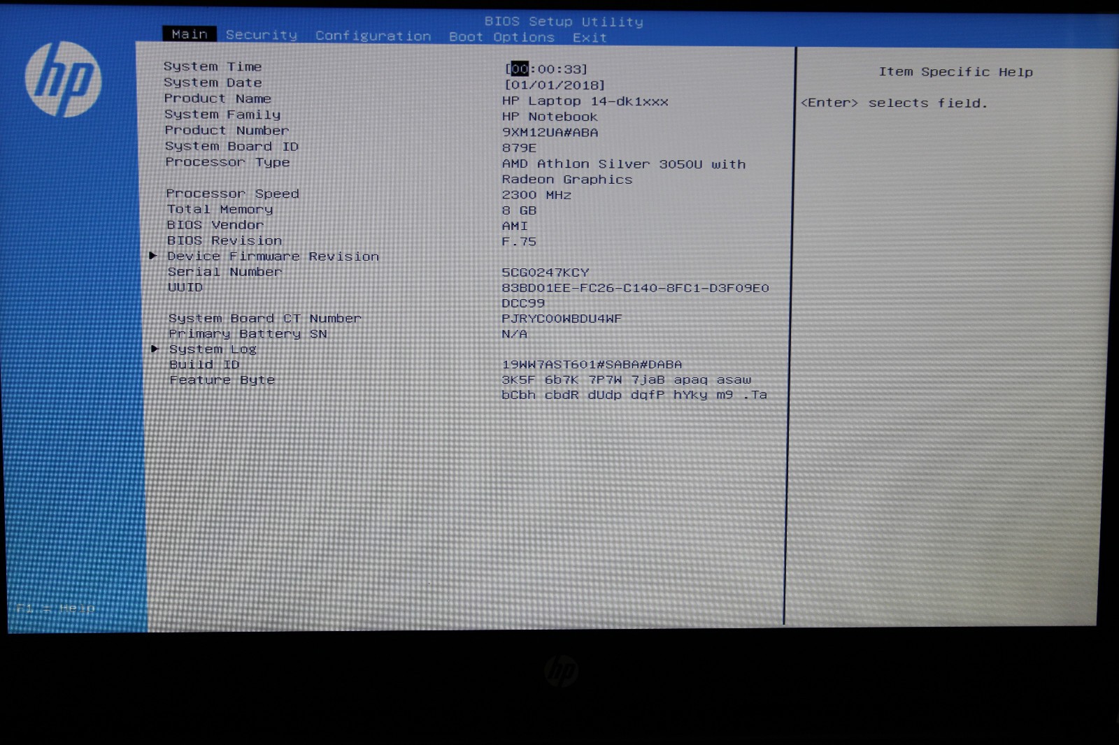HP 14-dk1003dx Laptop AMD Athlon 3050U @ 2.3 GHz 8GB RAM 256GB SSD No OS No Batt