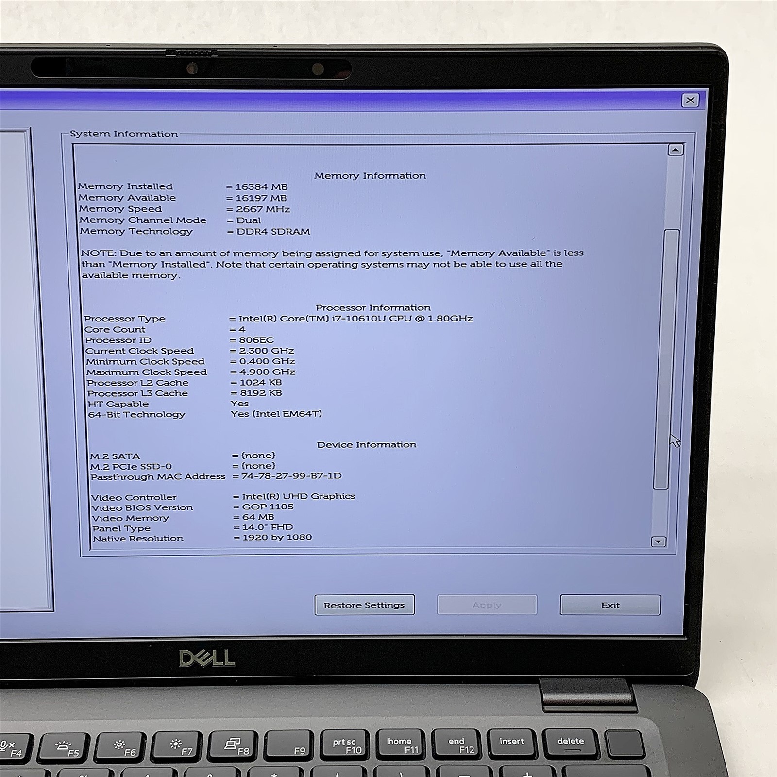 Dell Latitude 7410 Laptop Intel Core i7 10610U 1.80GHZ 14″ FHD 16GB RAM NO HDD