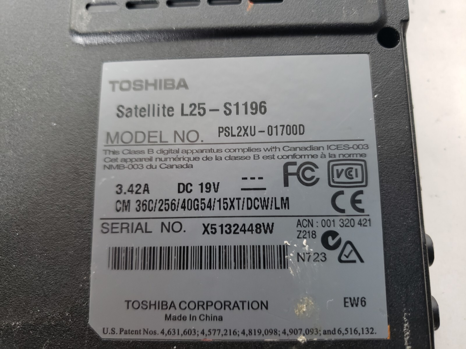 toshiba satellite l25-s1196 intel celeron@1.40ghz 768mb ram 40gb hdd