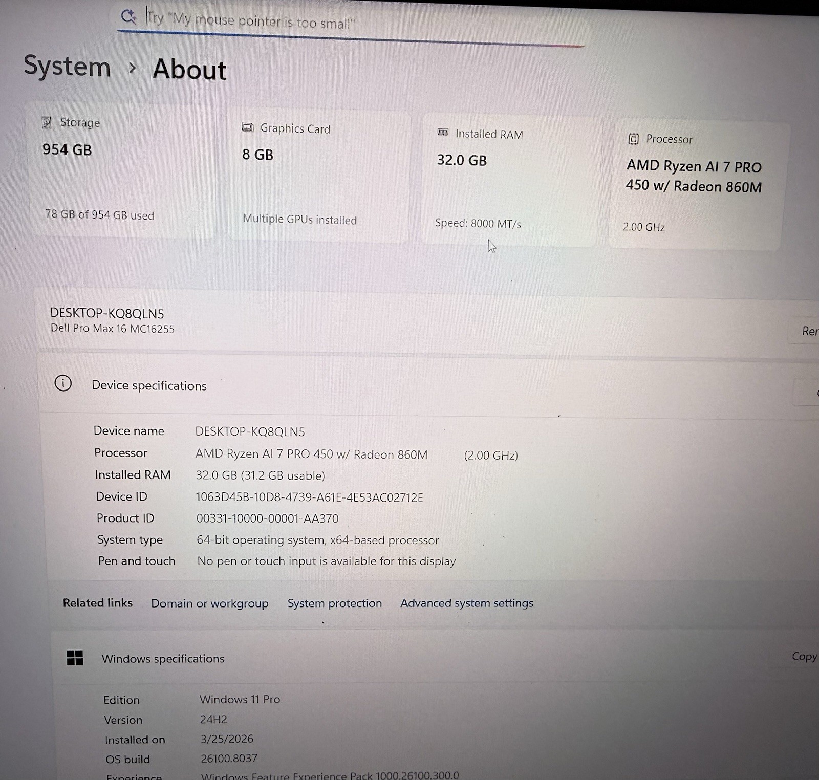 Dell Pro Max MC16255 16″ AMD Ryzen AI 7 HX Pro 450 32GB 1TB RTX Pro 1000 Blackwe