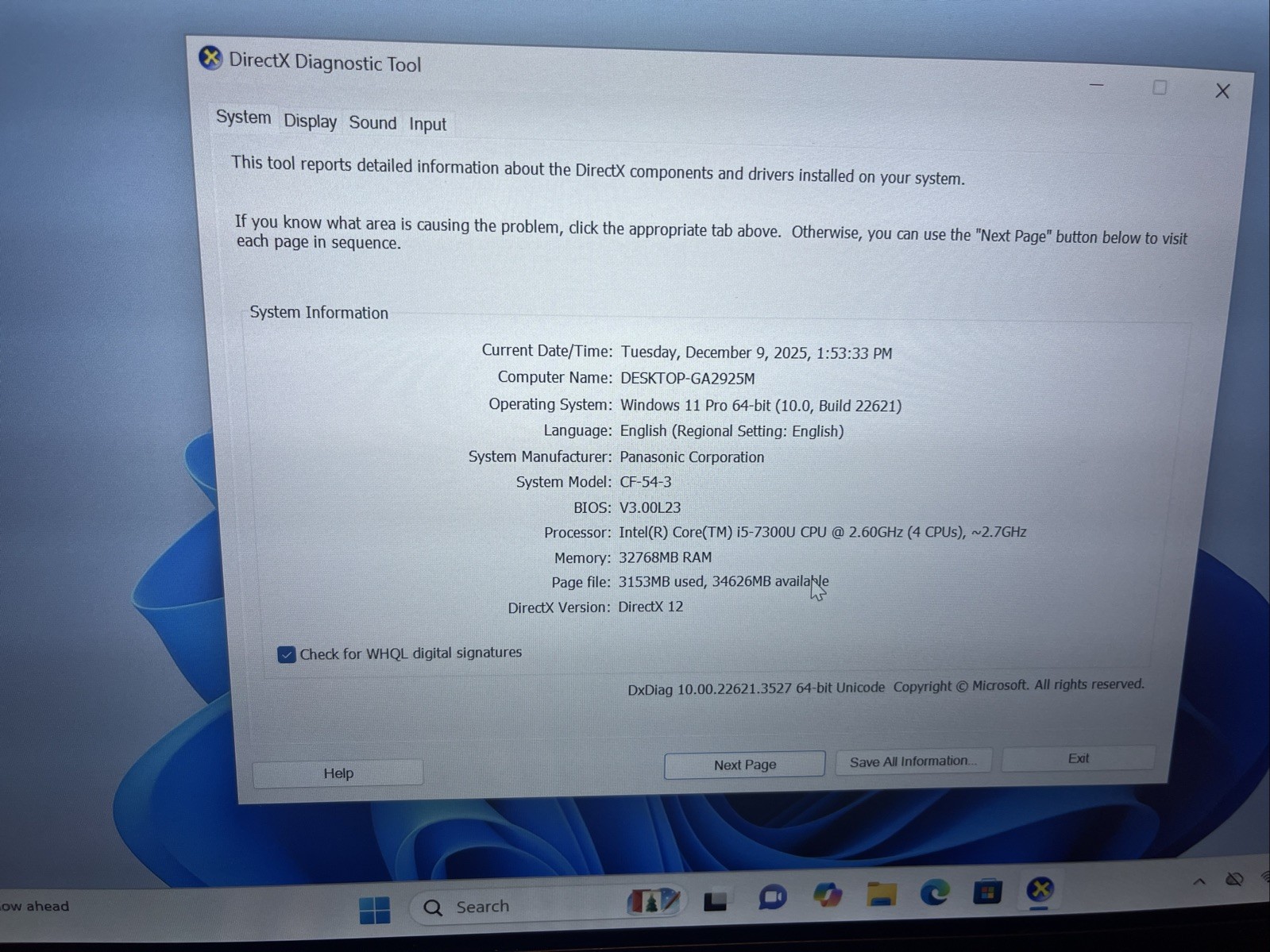 Toughbook Panasonic CF-54 MK3 Intel, Core i5-7300U 32GB RAM 1TB SSD Win11 Pro