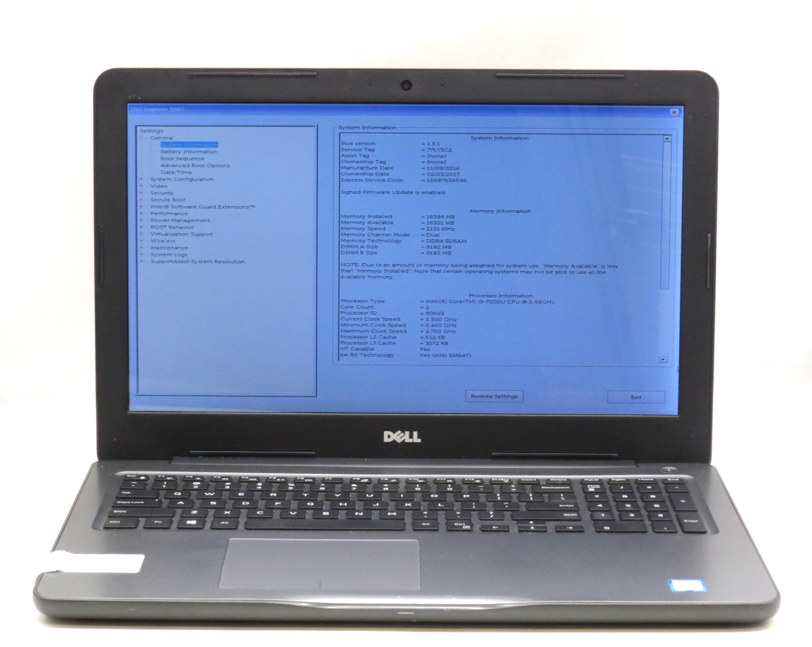 Dell Inspiron 5567 | 15.6″ i5-7200U @ 2.50GHz | 16GB DDR4 | 15.6″ | No HDD/OS/AC