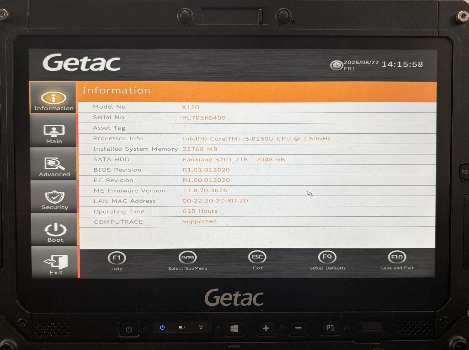 Getac K120 Rugged Toughbook Touch i5-8250U 1.60Ghz 32GB 2TB SSD Win 11 615 Hour