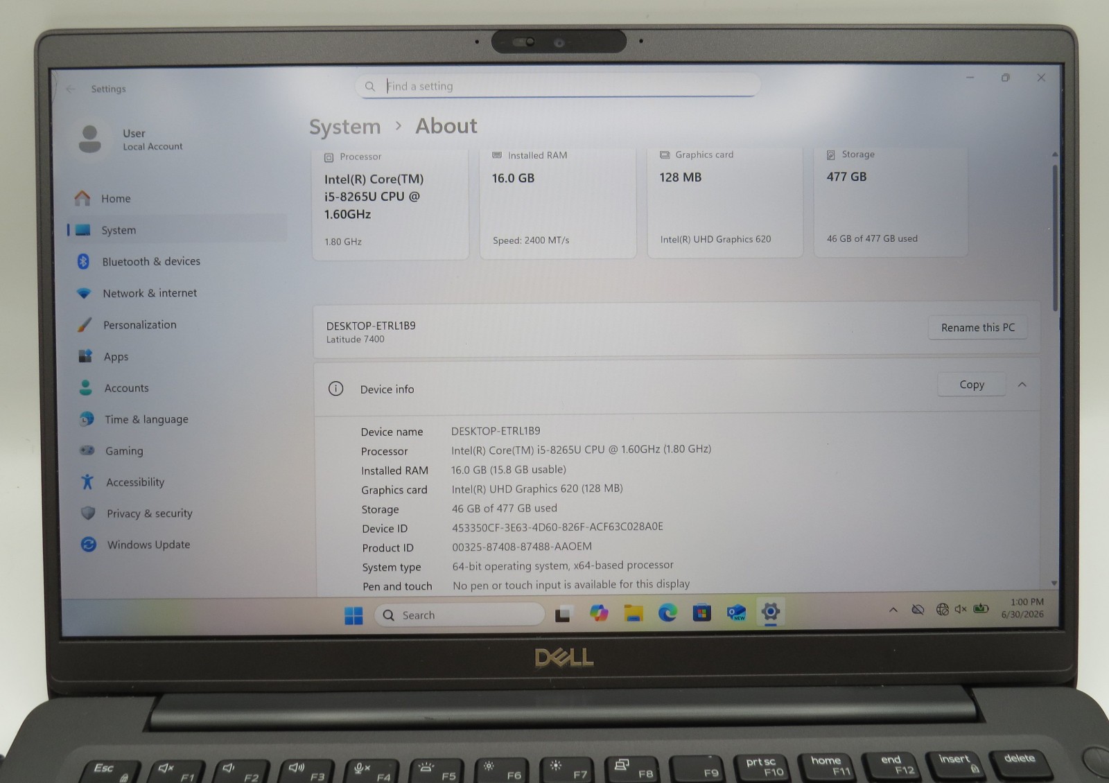 Dell Latitude 7400 i5-8265U @ 1.6GHz 16GB DDR4 512GB SSD 14″ Win 11 Home