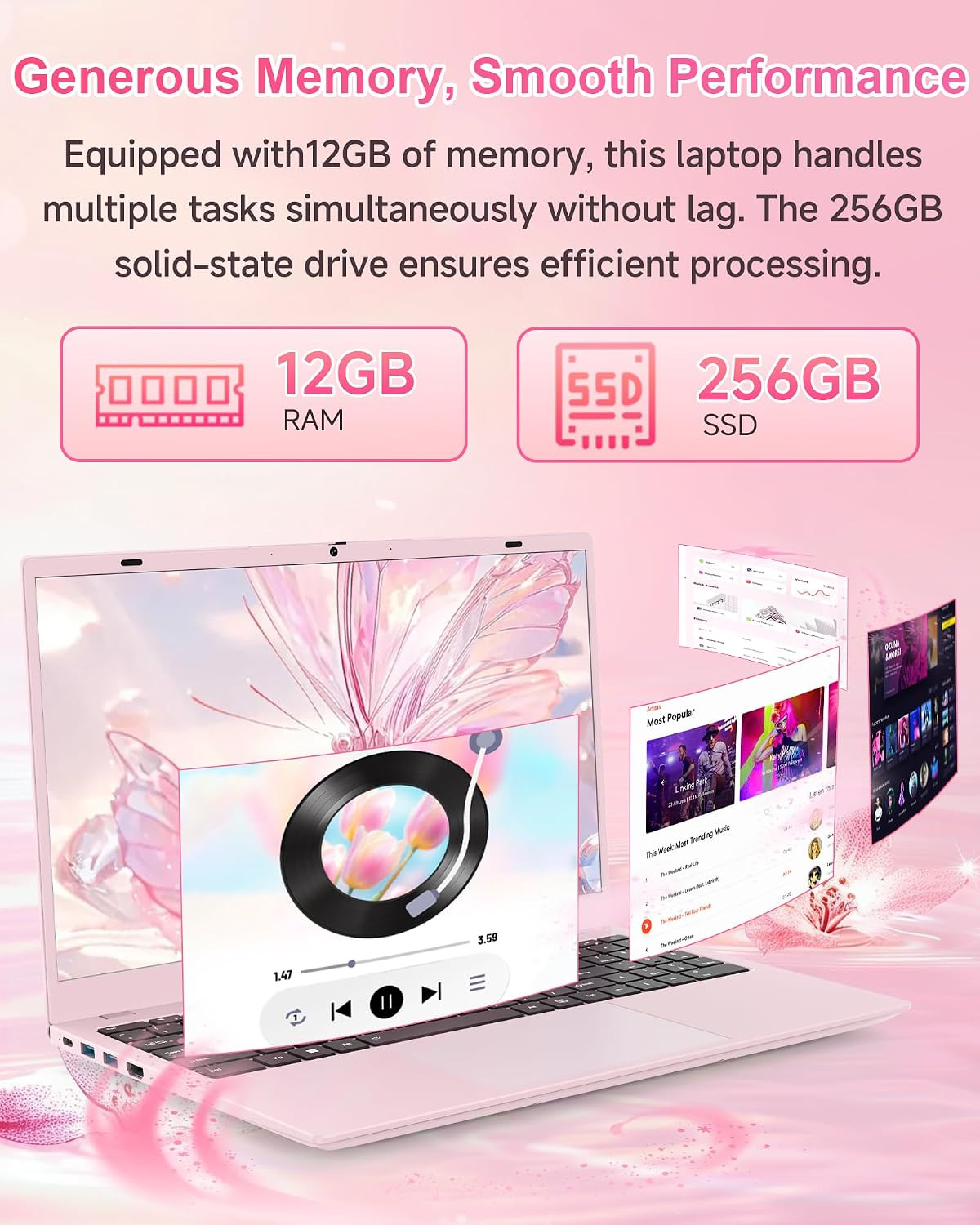 Pink Laptop Computer for Students, 15.6 Inch FHD IPS Display, 12GB RAM 256GB SSD