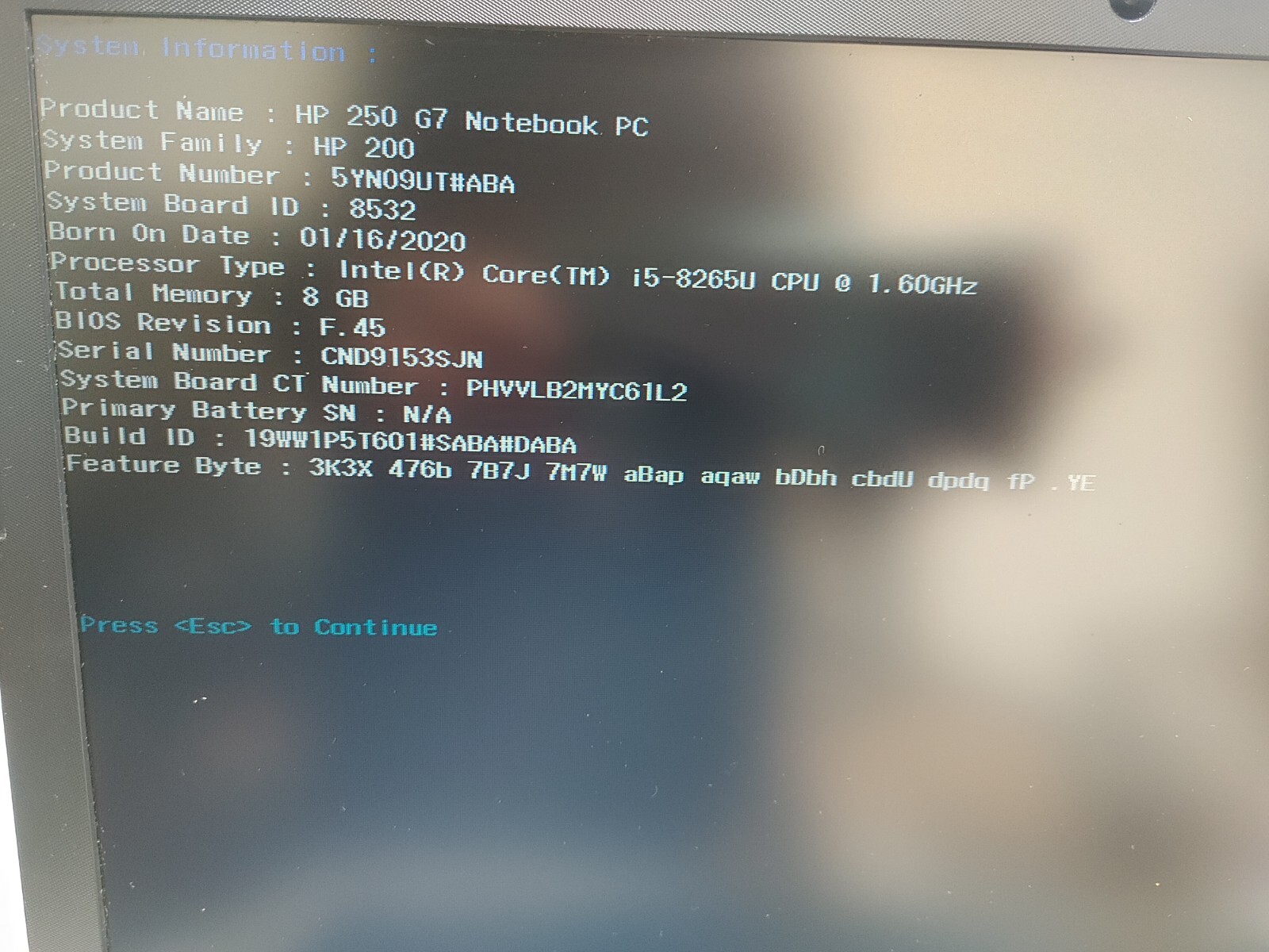 HP 250 G7 Notebook PC Core i5-8265U@1.60GHz, NO RAM ,NO HD FOR PARTS ONLY