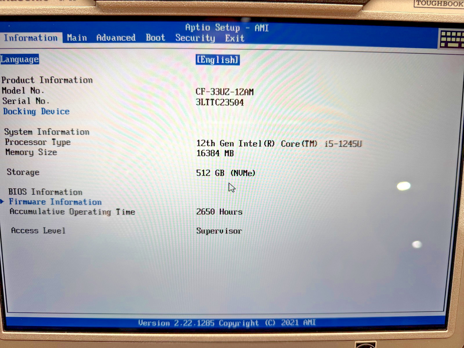 Panasonic Toughbook FZ-33 12th Gen i5-1245U/16GB/512GB 4G LTE/GPS/Dual BAT/WIN11