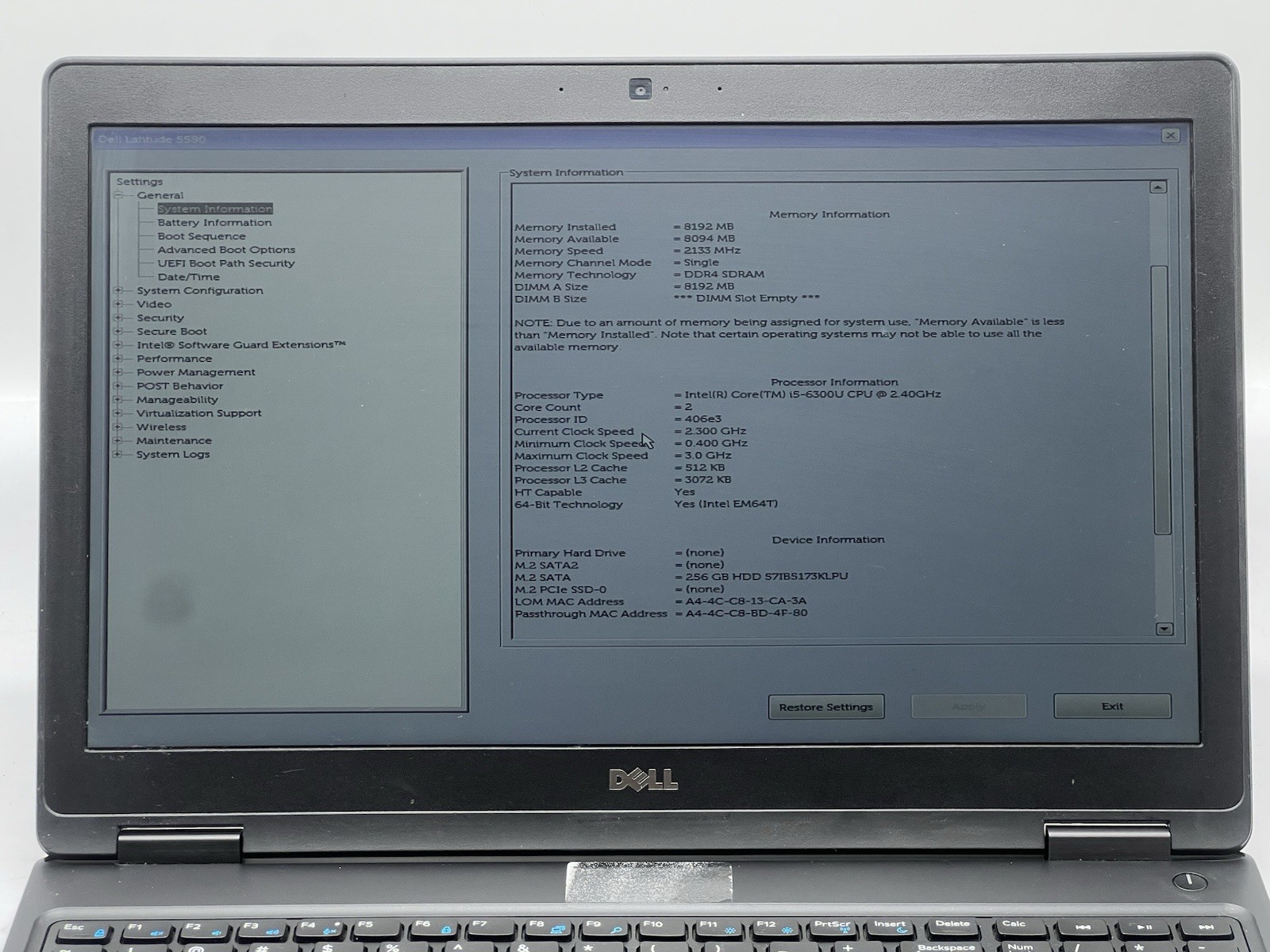 Dell Latitude 5580, i5-6300U CPU, @ 2.40GHz, 8GB RAM, 256GB SSD-No OS/Charger