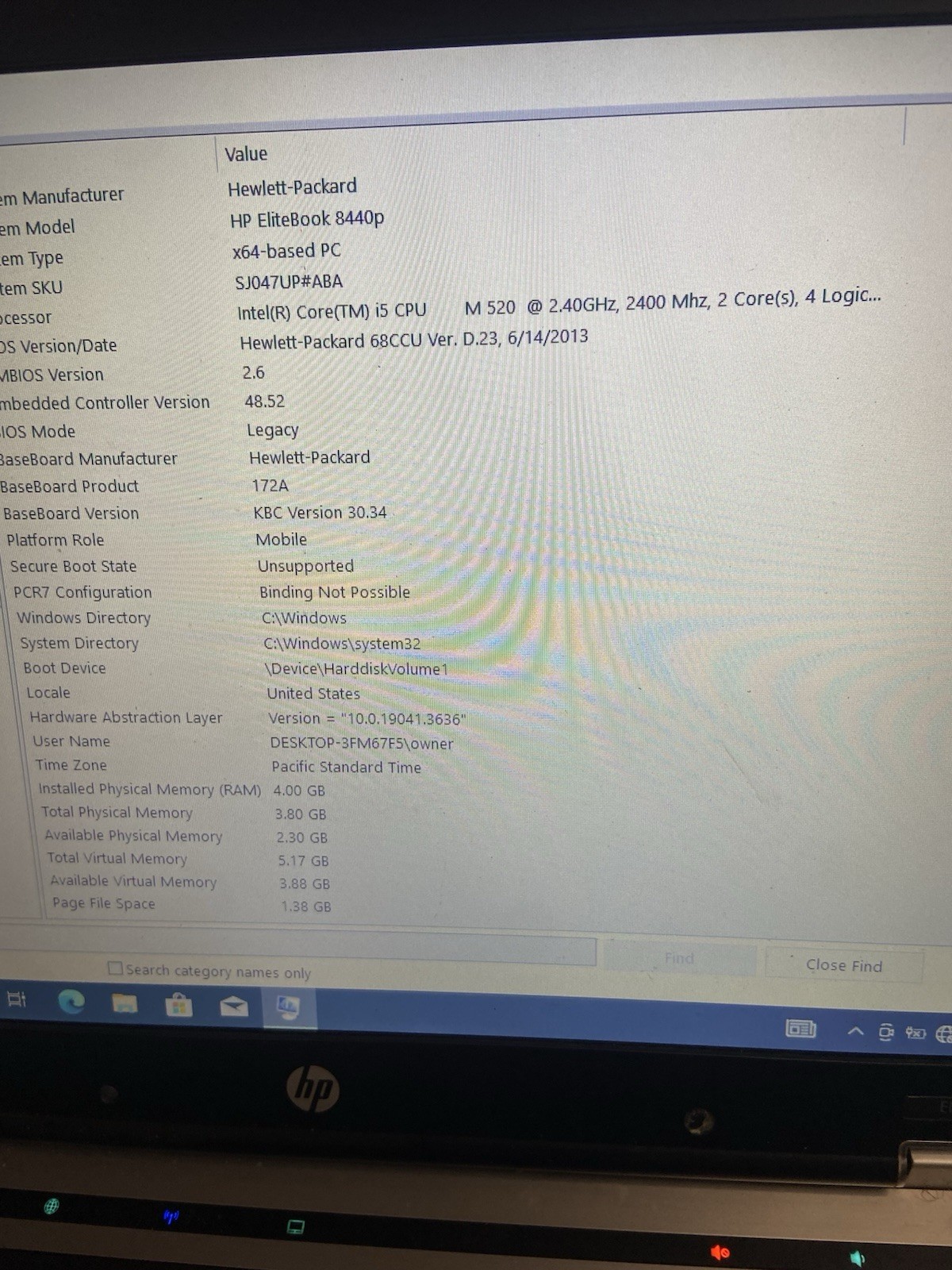 HP EliteBook 8440P Intel i5-M520 2.4GHz 4GB 160GB HD NO COVER , NO BATTERY AS IS