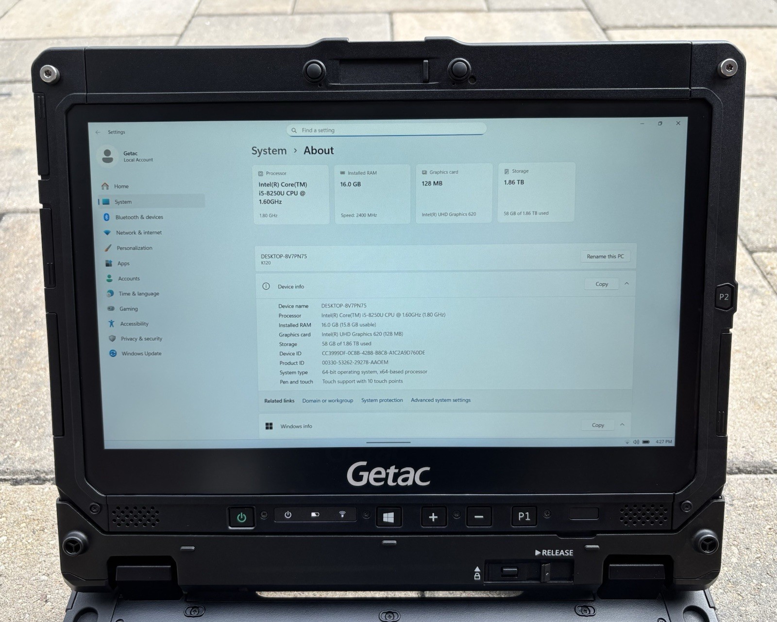 Getac K120 Rugged Toughbook Touch i5-8250U 1.60Ghz 16GB 2TB SSD Win 11 pro 261Hr