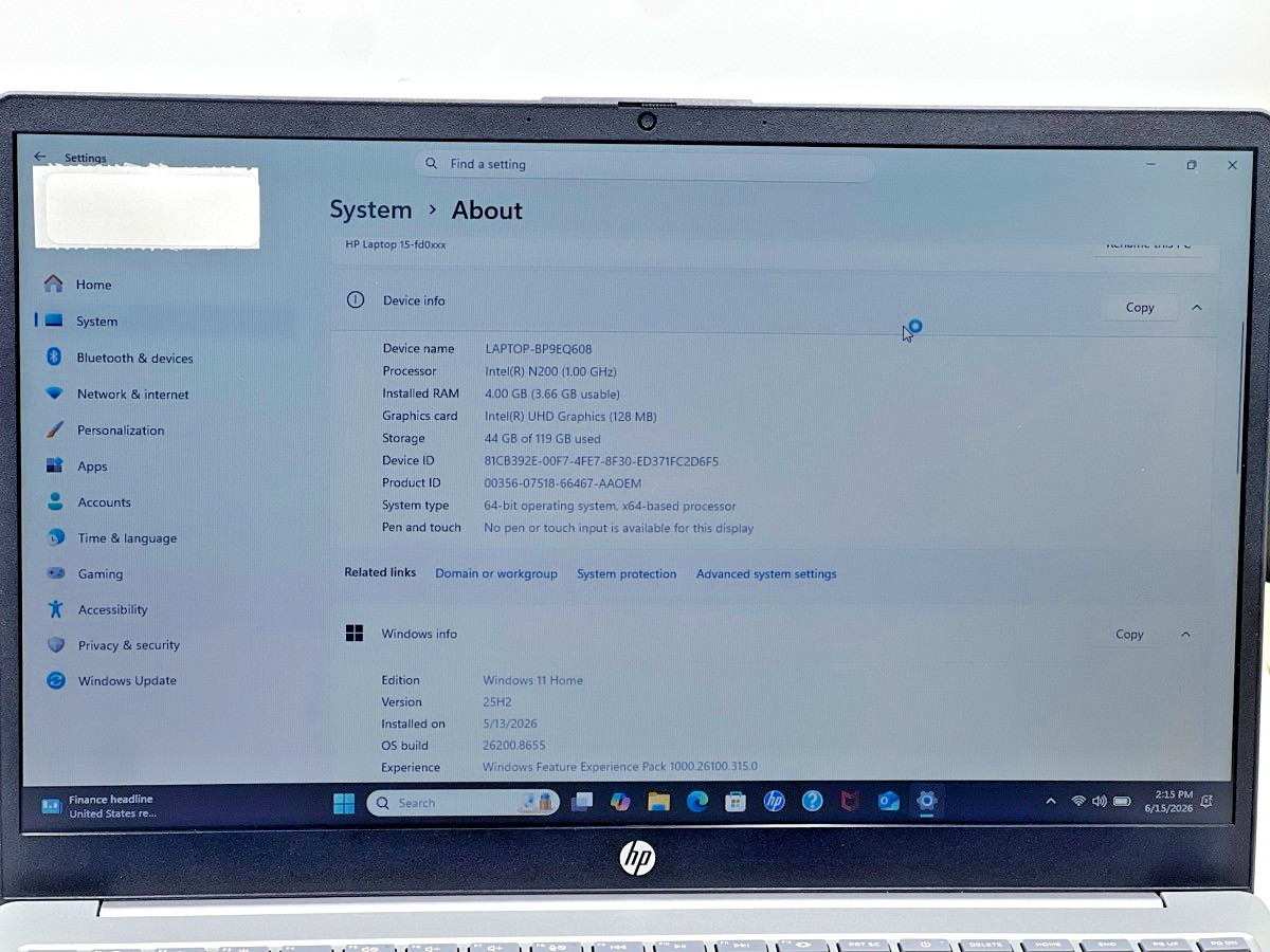 HP 15-fd0084wm Laptop | Intel N200 (1.00GHz)| 4GB RAM 128GB SSD-Test (EL1132801)