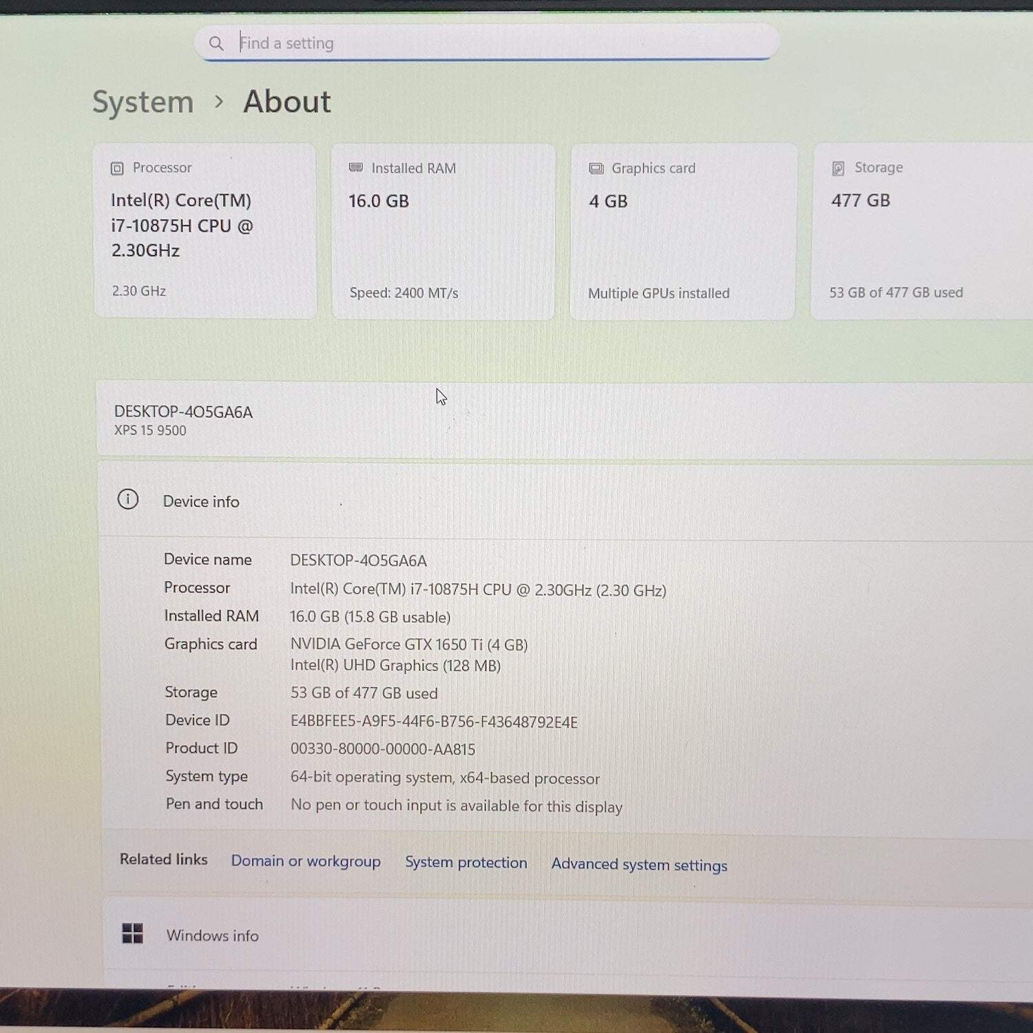 Dell XPS 9500 15.6″ i7-10875H 2.3GHz 16GB RAM 512GB SSD 1650Ti GPU WIN 11