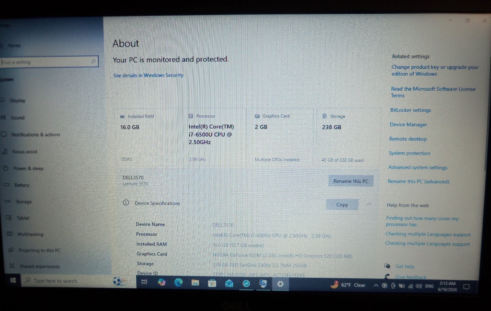 Dell Latitude 3570 15.6″, i7-6500U 2.50GHz, 16GB RAM, 256GB SSD, Windows 10 Pro
