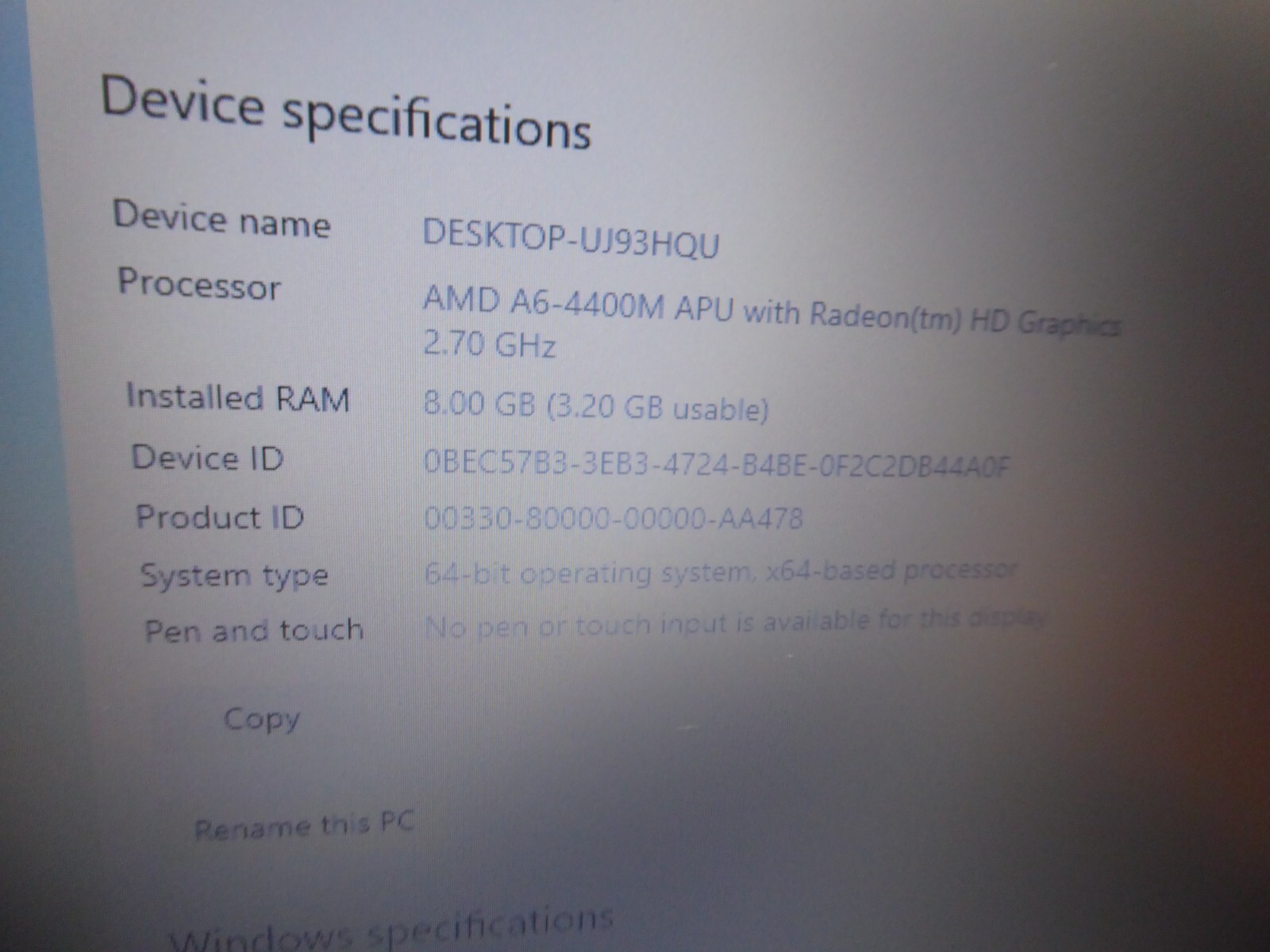 HP LAPTOP 455 G1 AMD A6-4400M 2.7GHz 8GB 240GB SSD WINDOWS 10 PRO Wi-Fi