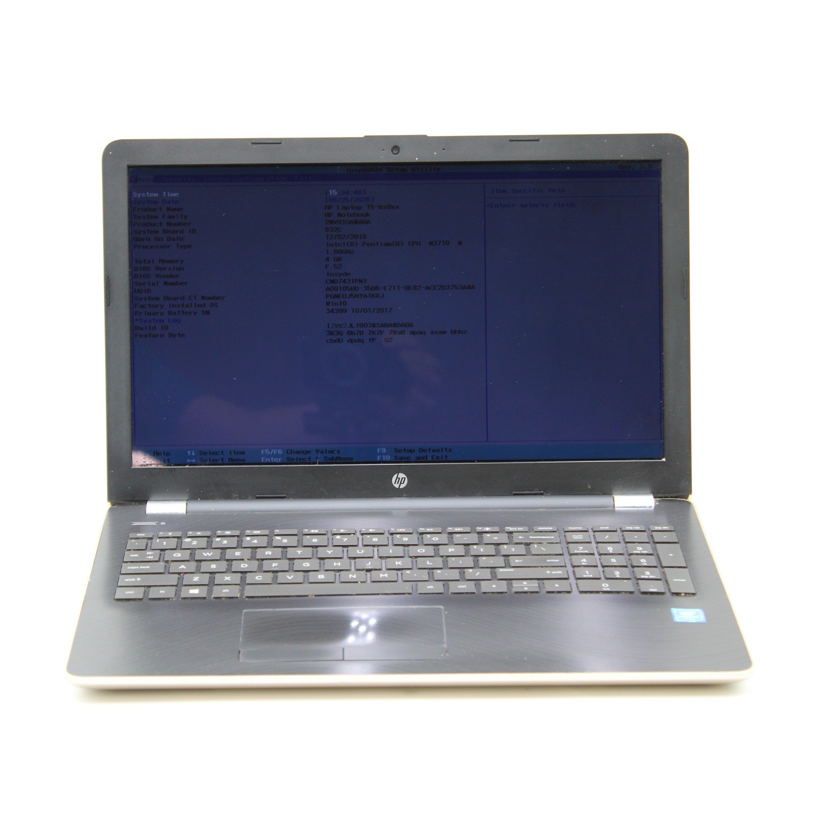 HP 15-bs013ds 15.6in Pentium N3710 1.6GHz 4GB No OS, Drive, Power Cord