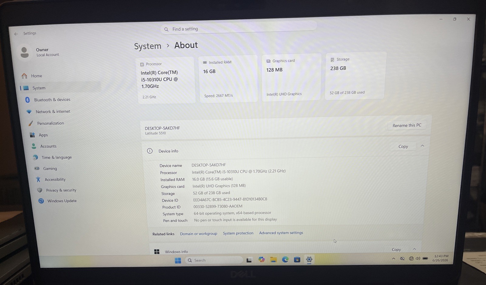 Dell Latitude 5510 i5-10310U@1.70GHz, 16GB RAM, 256GB M2, Win 11 Pro *READ*