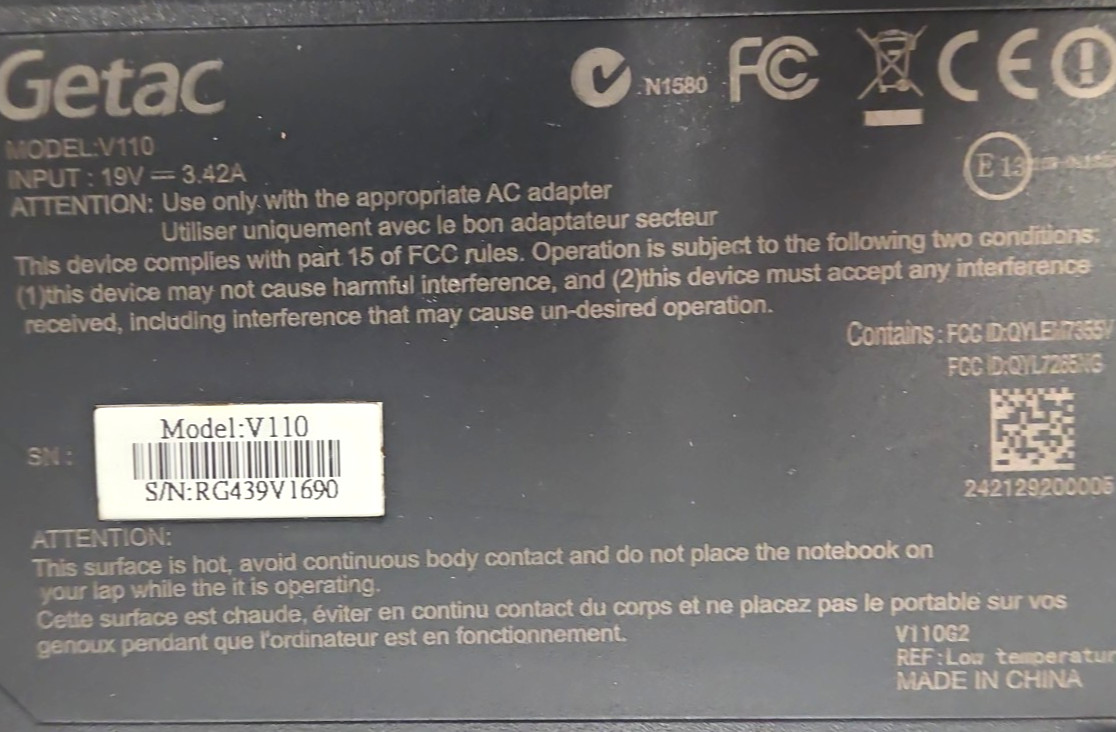 Getac V110 G2| Intel Core i5-5300U 2.30GHz| 8GB RAM| No HDD| No OS| 1,085 Hours
