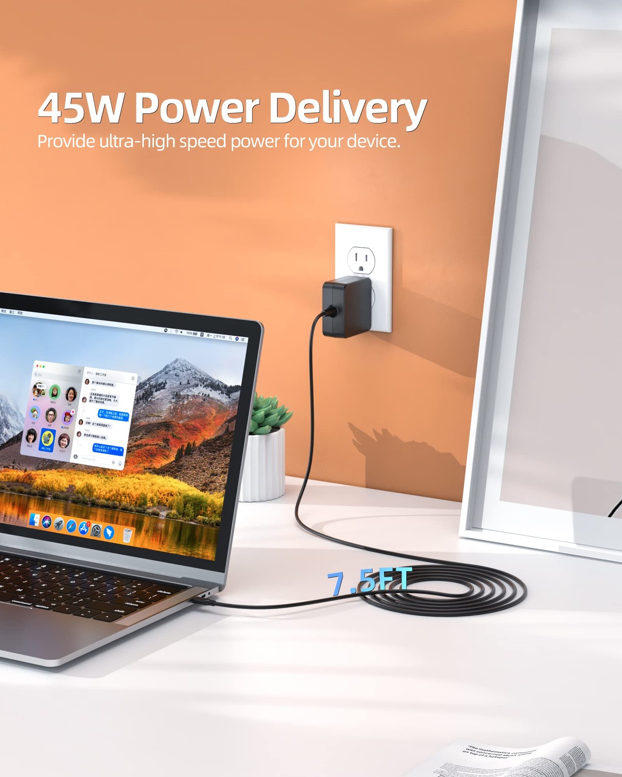 Asus Chromebook 45W USB C Fast Charger 7.5ft Cable UL Safety Compact