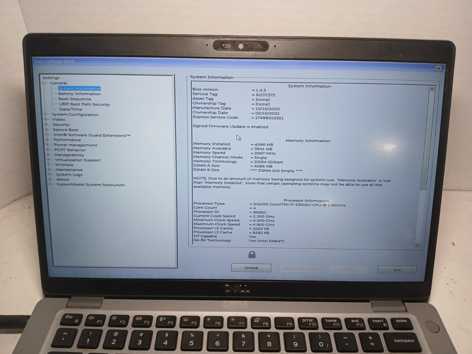 Dell Latitude 5410 14″ Laptop i7-10610U 4GB No SSD/OS! BIOS PW!! #97