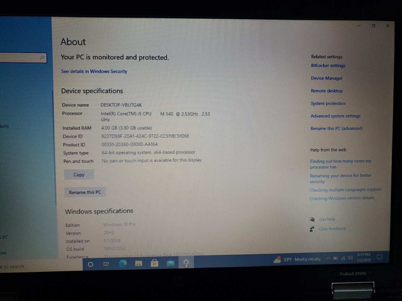 HP ProBook 6540b (Core i5-M540 2.53GHz, 4GB RAM, 160GB, Win 10 Pro)with Charger