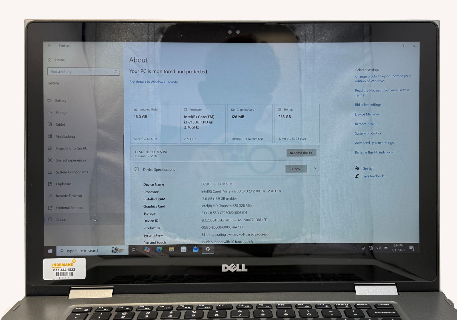 Dell Inspiron 15-5578 i3-7130u 2.73GHz 16GB RAM 256GB SSD