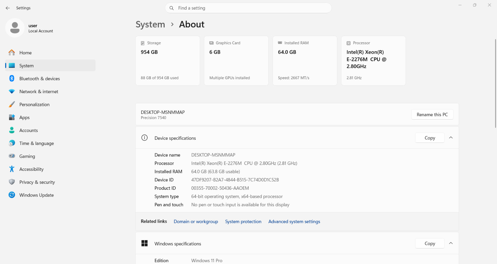 Dell Precision 7540 NVIDIA Q. RTX 3000 6GB 2.8GHz Intel Xeon E-2276M 64GB 1TB