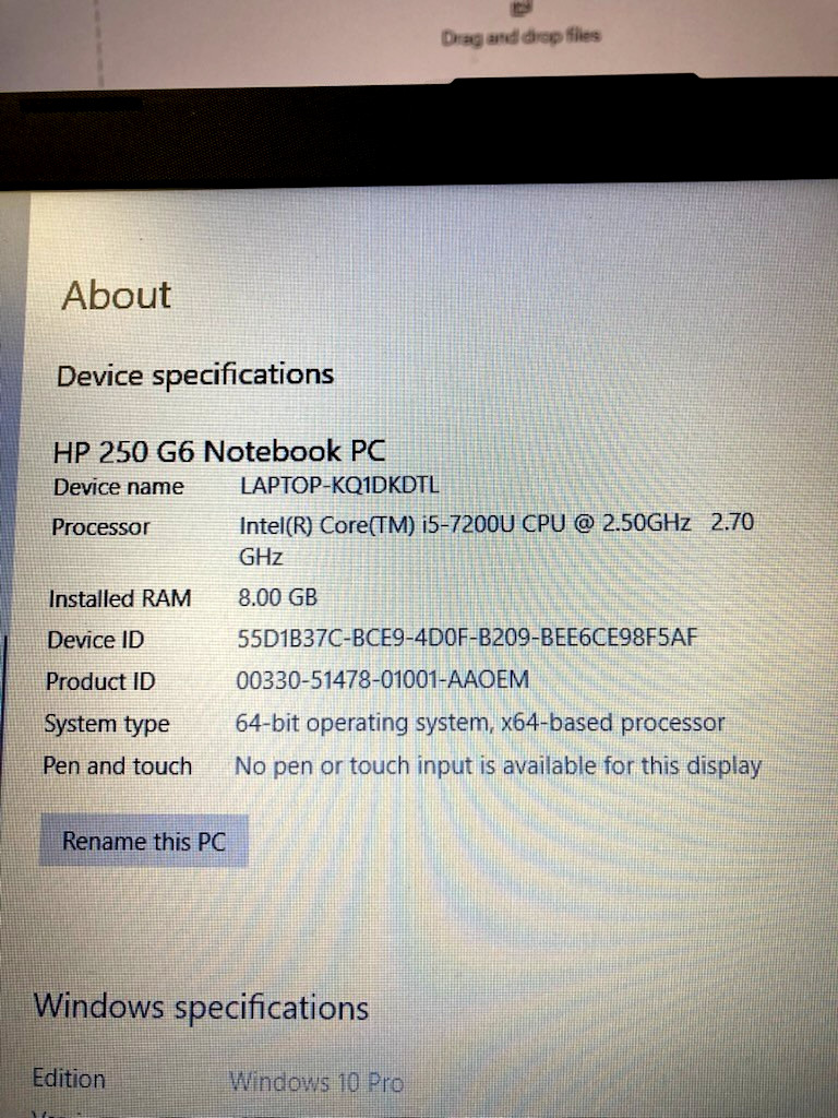 HP 250 G6 Notebook PC Core i5-7200u @ 2.50GHz 8GB RAM SN: CND8377YJX