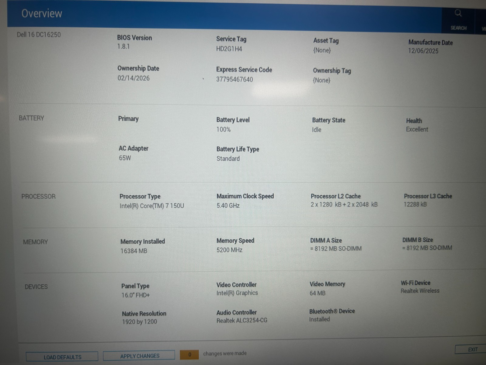 DELL 16 DC16250 MRYT3 Intel Core 7-150U, 1.80 GHz, 16 GB RAM, 1 TB NVMe