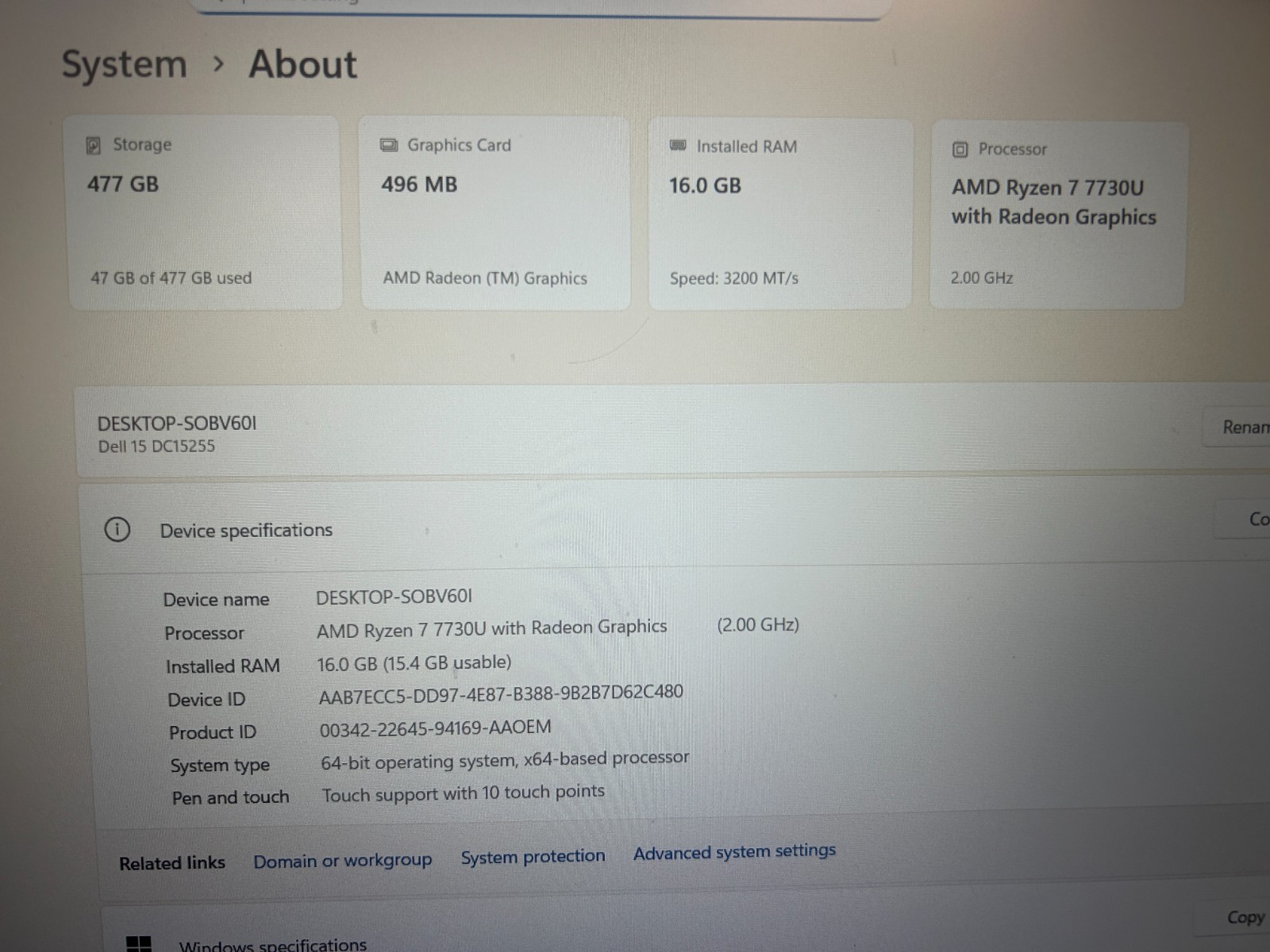 DELL 15 DC15255 G8MK9, AMD Ryzen 7 7730U, 2.00 GHz, 16 GB RAM, 512 GB NVMe SSD
