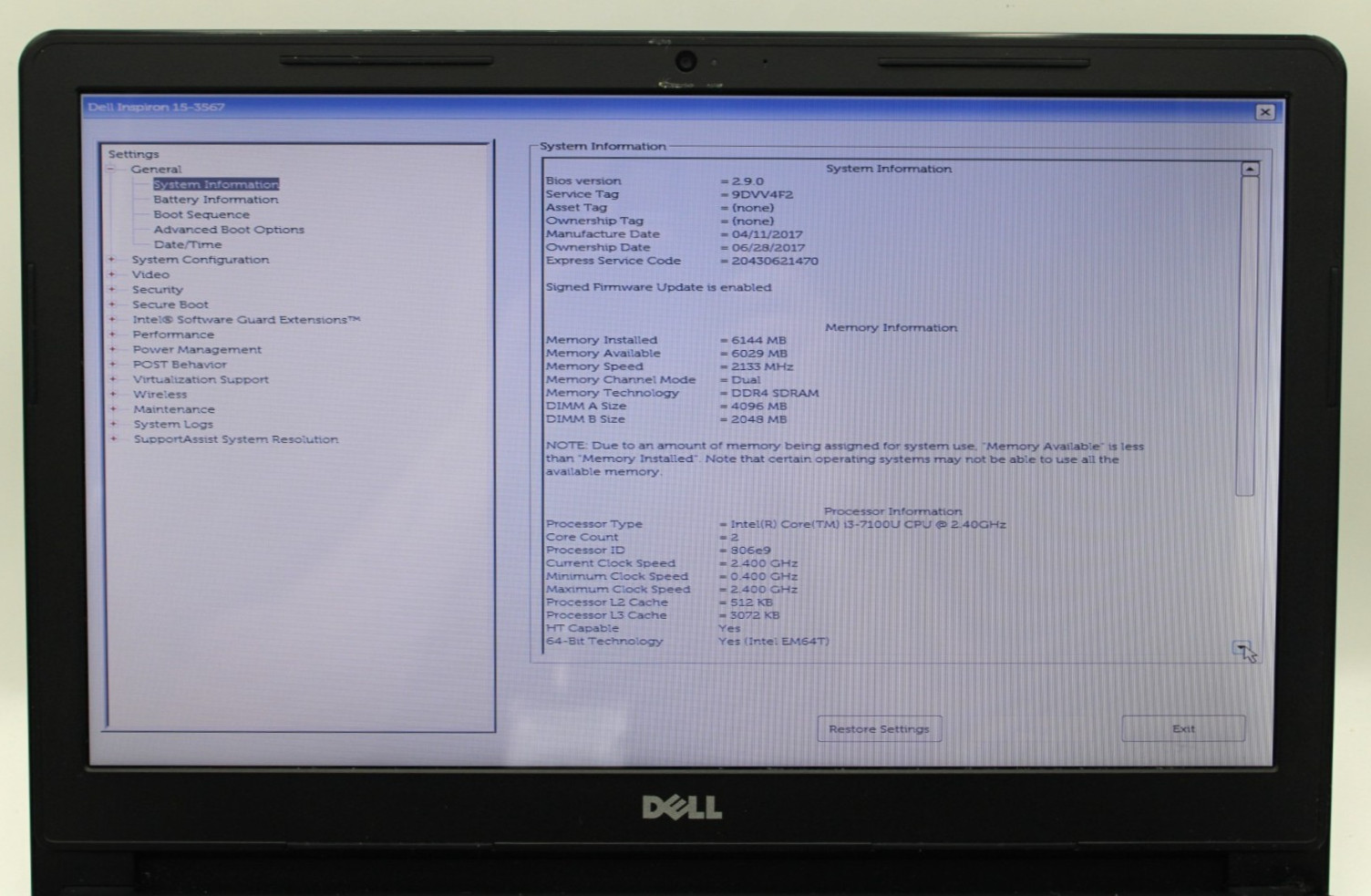 Dell Inspiron 15 i3-7100U@2.4GHz 6GB DDR4 256GB SATA SSD NO OS *USED/TESTED*